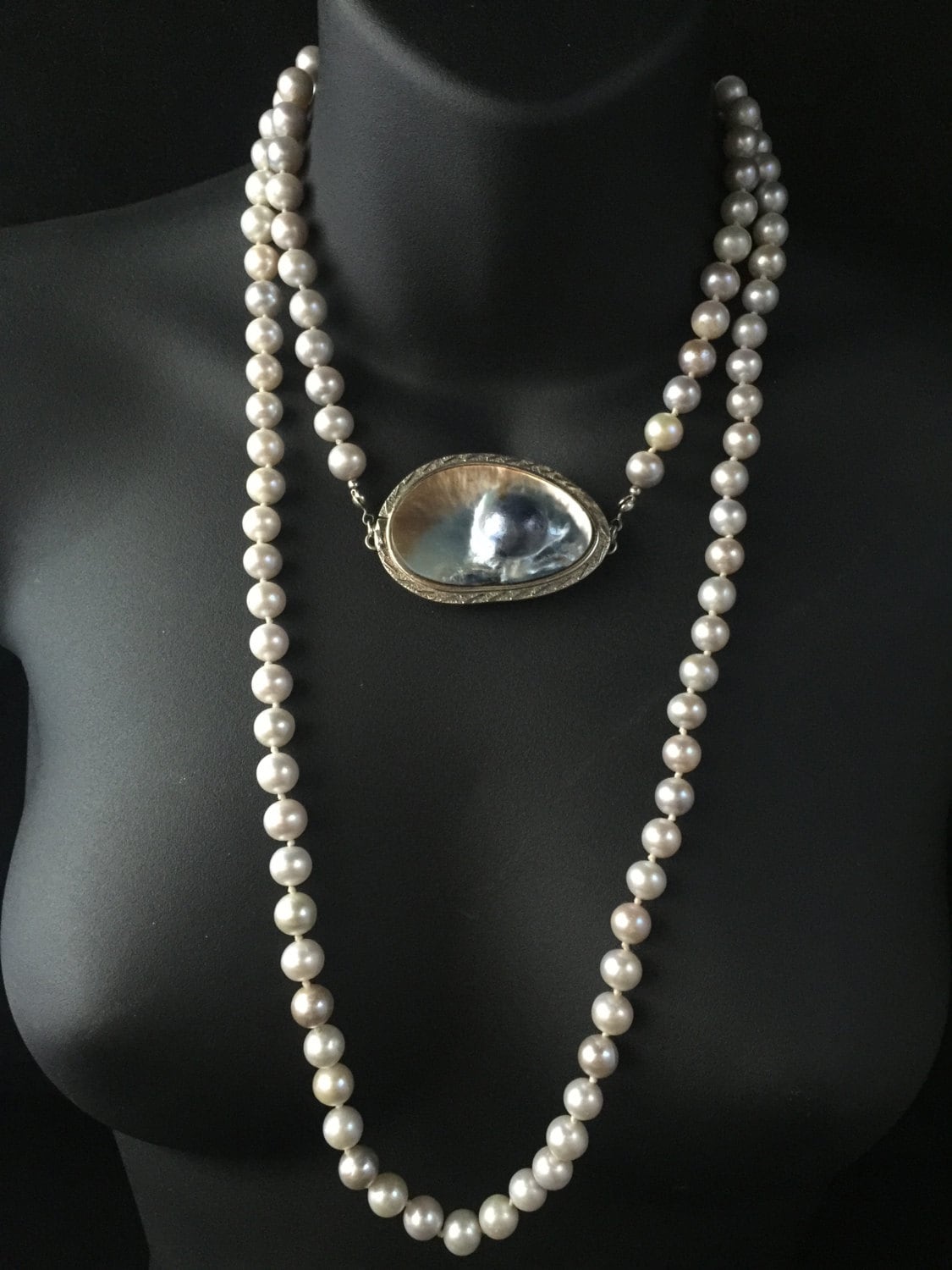Vintage Genuine 8.5-9.5mm Saltwater Pearl 46 inch Rope Necklace Magnificent Large Blister Pearl Silver Clasp - N025