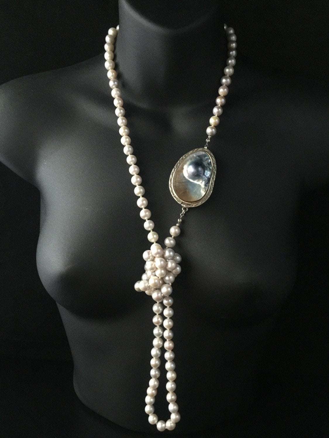 Vintage Genuine 8.5-9.5mm Saltwater Pearl 46 inch Rope Necklace Magnificent Large Blister Pearl Silver Clasp - N025