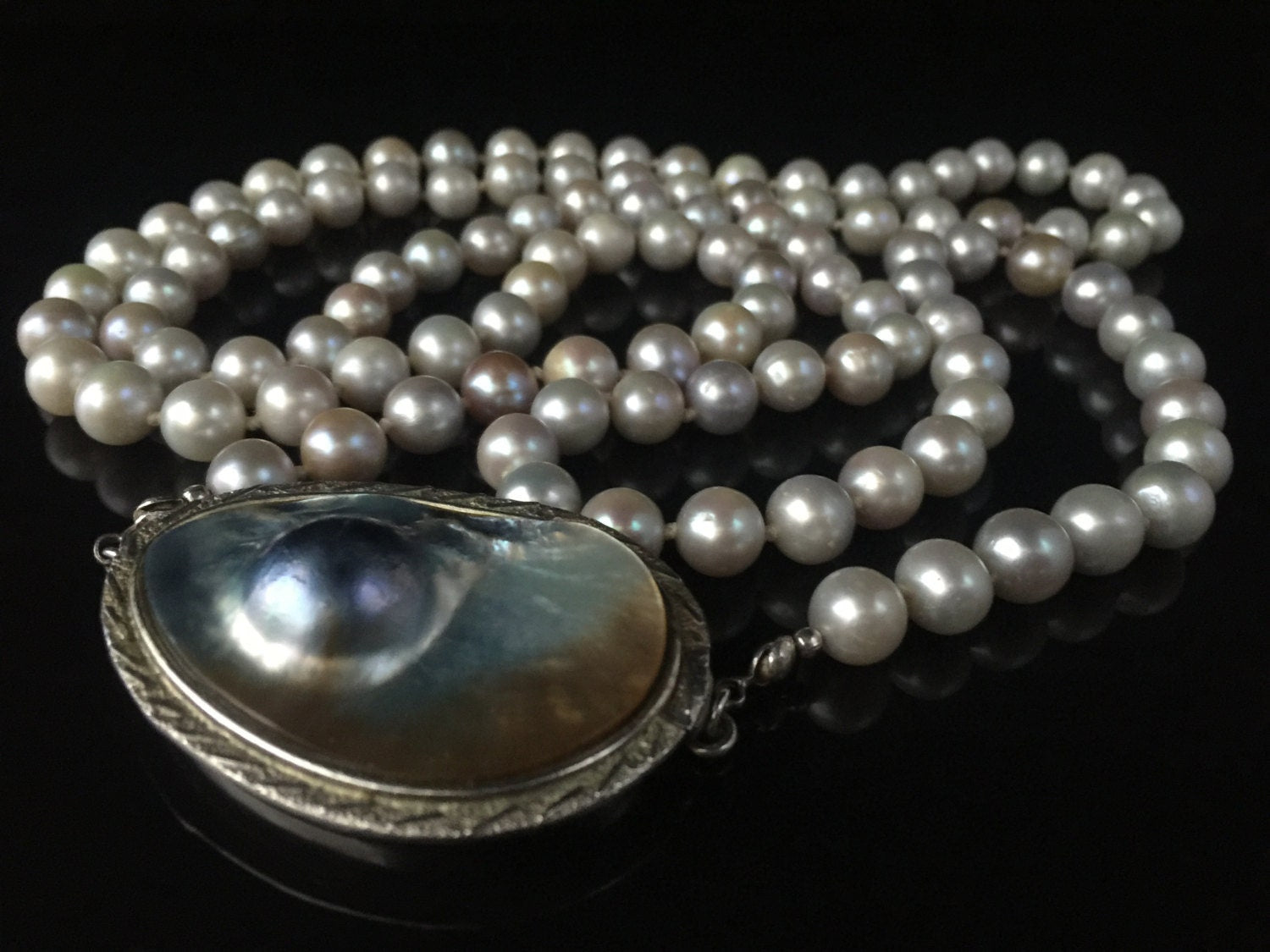 Vintage Genuine 8.5-9.5mm Saltwater Pearl 46 inch Rope Necklace Magnificent Large Blister Pearl Silver Clasp - N025