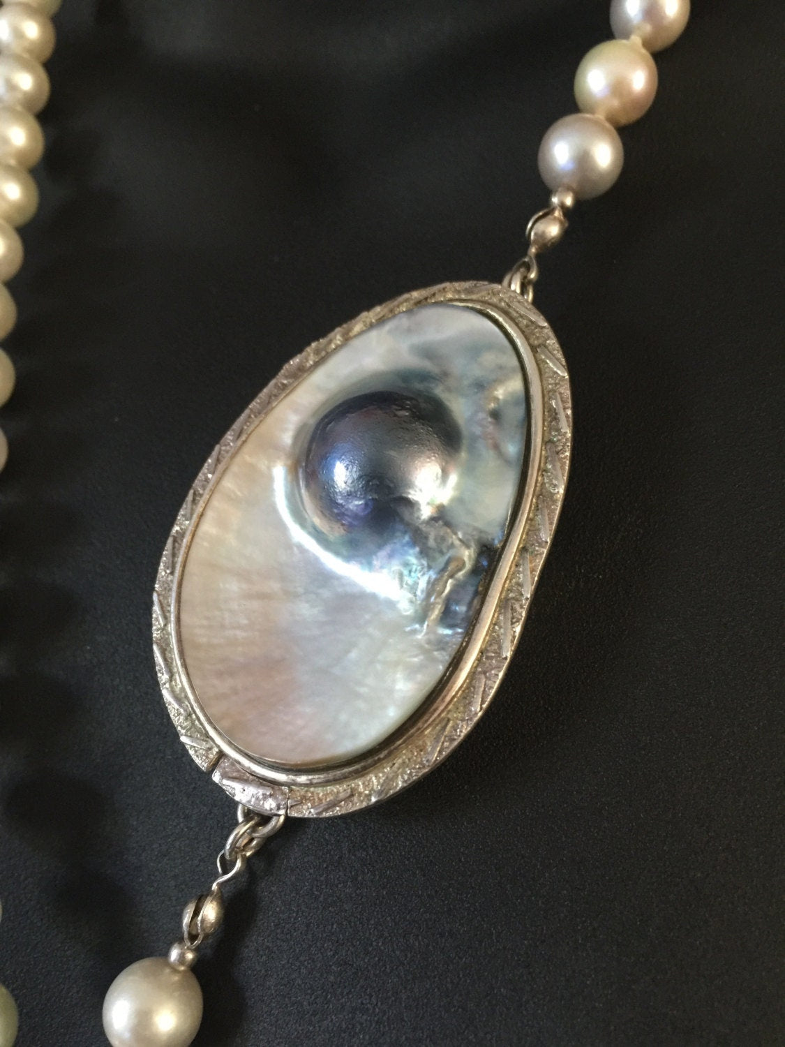 Vintage Genuine 8.5-9.5mm Saltwater Pearl 46 inch Rope Necklace Magnificent Large Blister Pearl Silver Clasp - N025