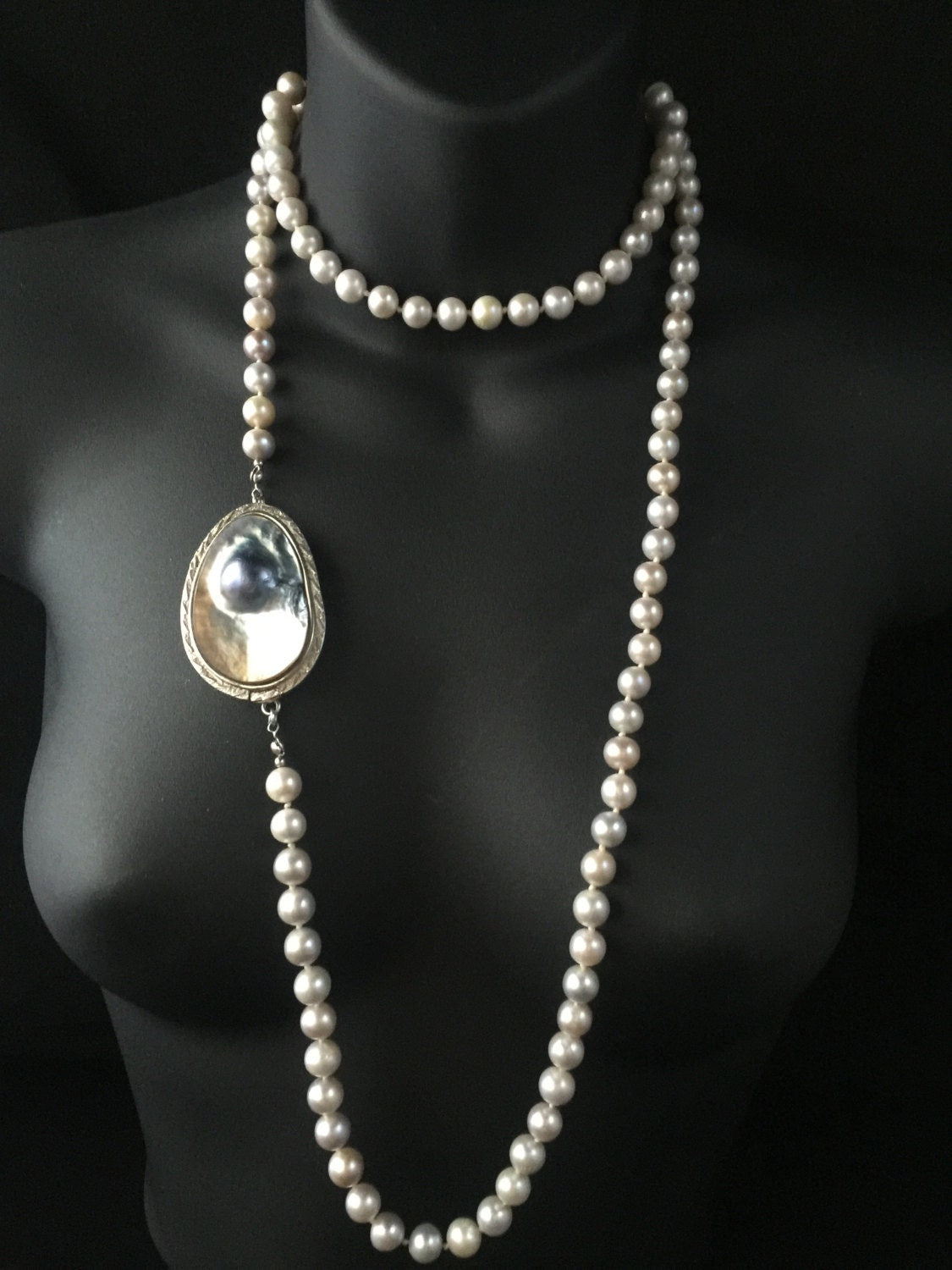 Vintage Genuine 8.5-9.5mm Saltwater Pearl 46 inch Rope Necklace Magnificent Large Blister Pearl Silver Clasp - N025