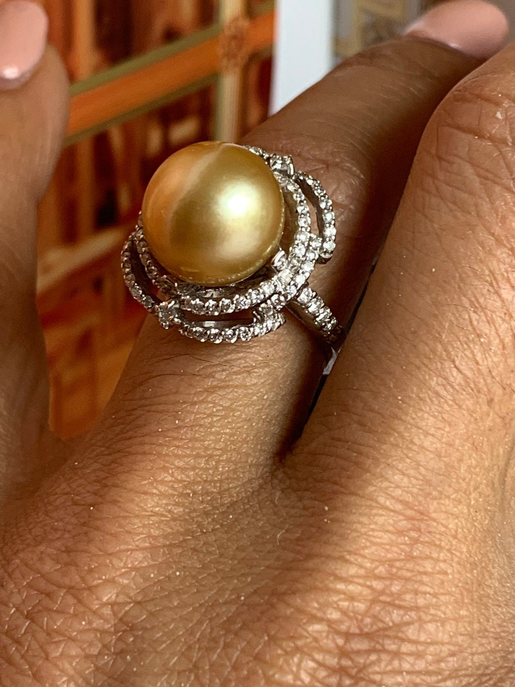 New Moraglione 18ct Gold and Diamond Golden South Sea Pearl Ring Size N.5 -R148