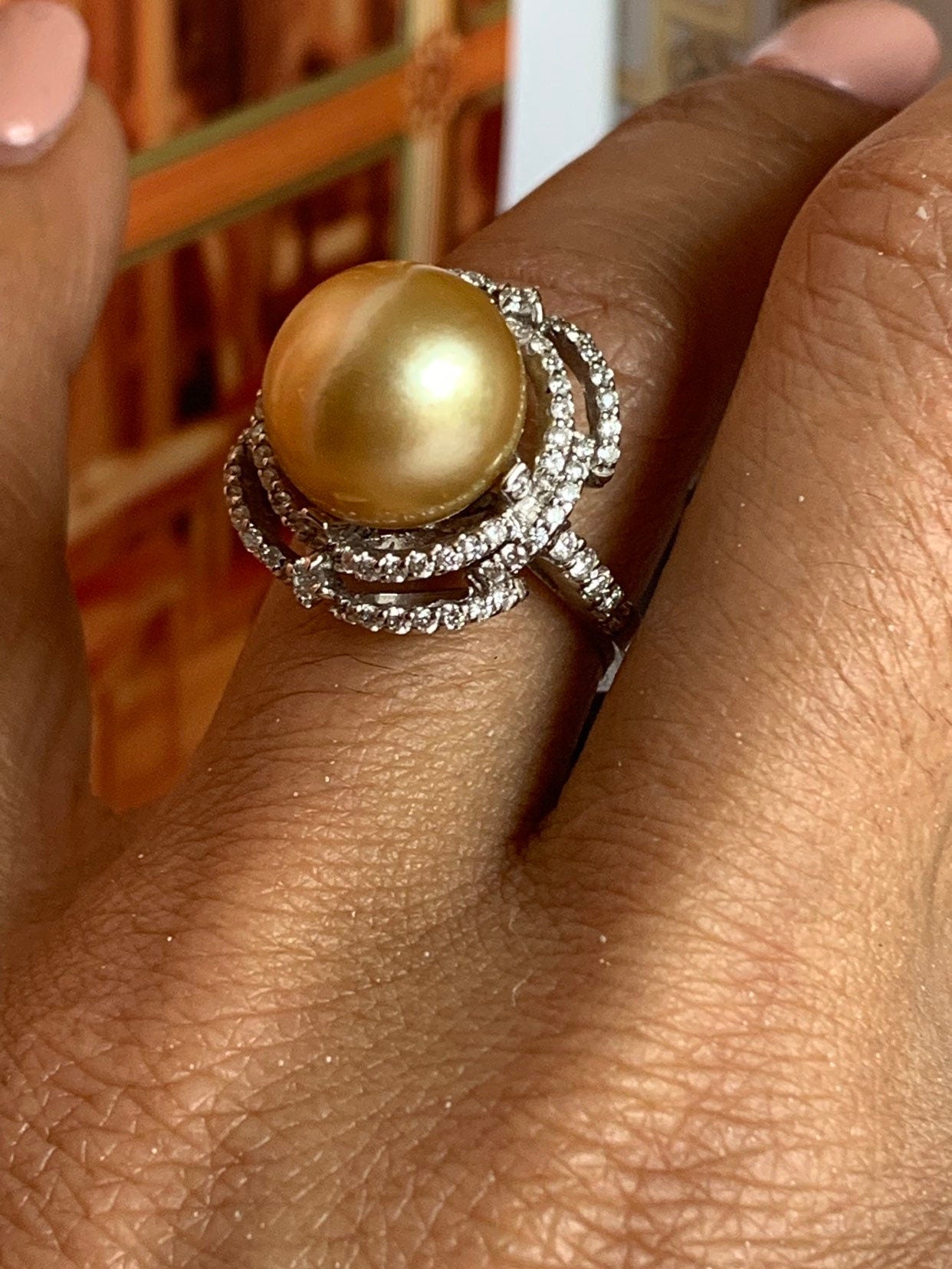 New Moraglione 18ct Gold and Diamond Golden South Sea Pearl Ring Size N.5 -R148