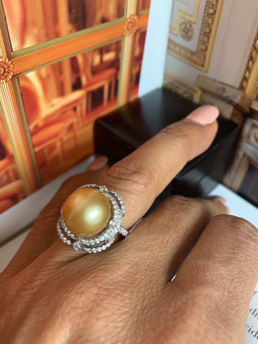 New Moraglione 18ct Gold and Diamond Golden South Sea Pearl Ring Size N.5 -R148