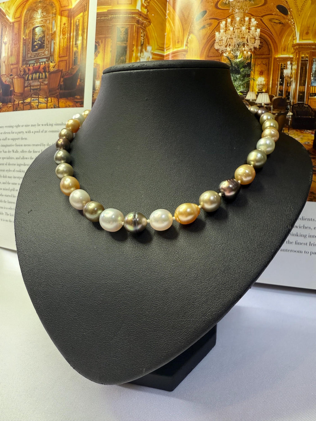 New 14ct Gold and Diamond Multi Hue Golden Tahitian Southsea Pearl  Necklace - N028