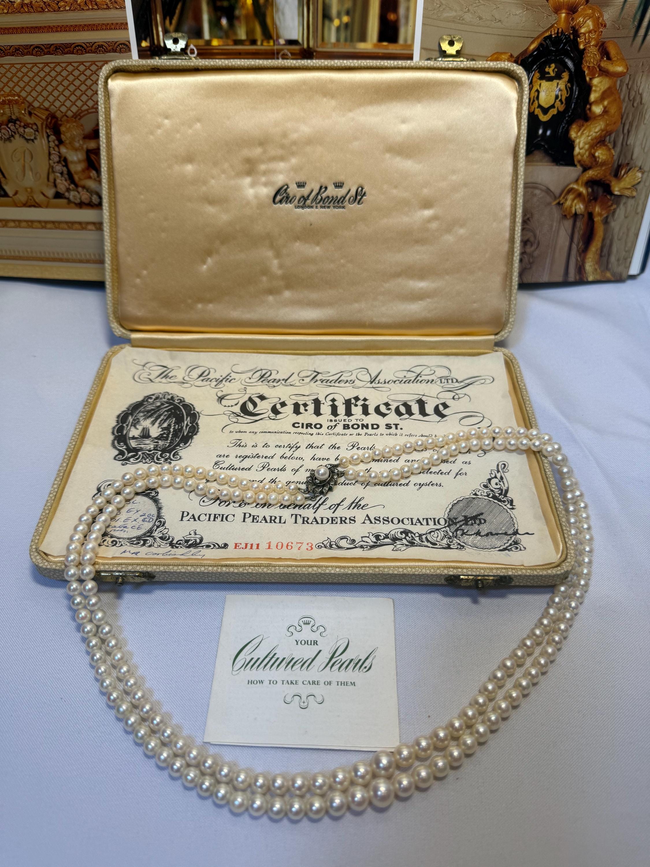 Vintage Ciro Saltwater Akoya Pearl Graduated Double Strand Necklace With Original Box and Certificate- N-002