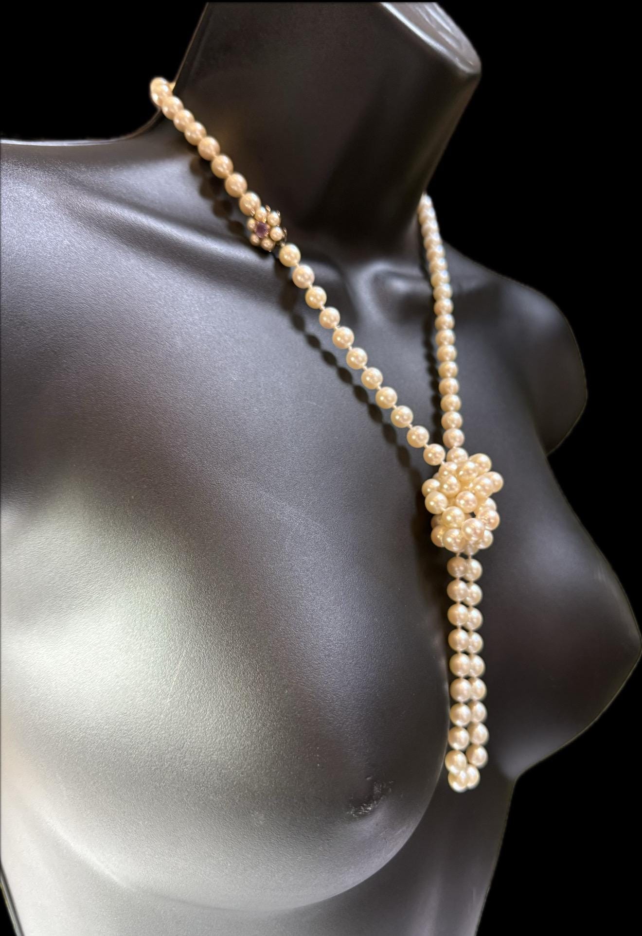 Vibtage 9ct Gold Amethyst Rope Length 36in Japanese Saltwater Akoya Pearl Necklace - N027