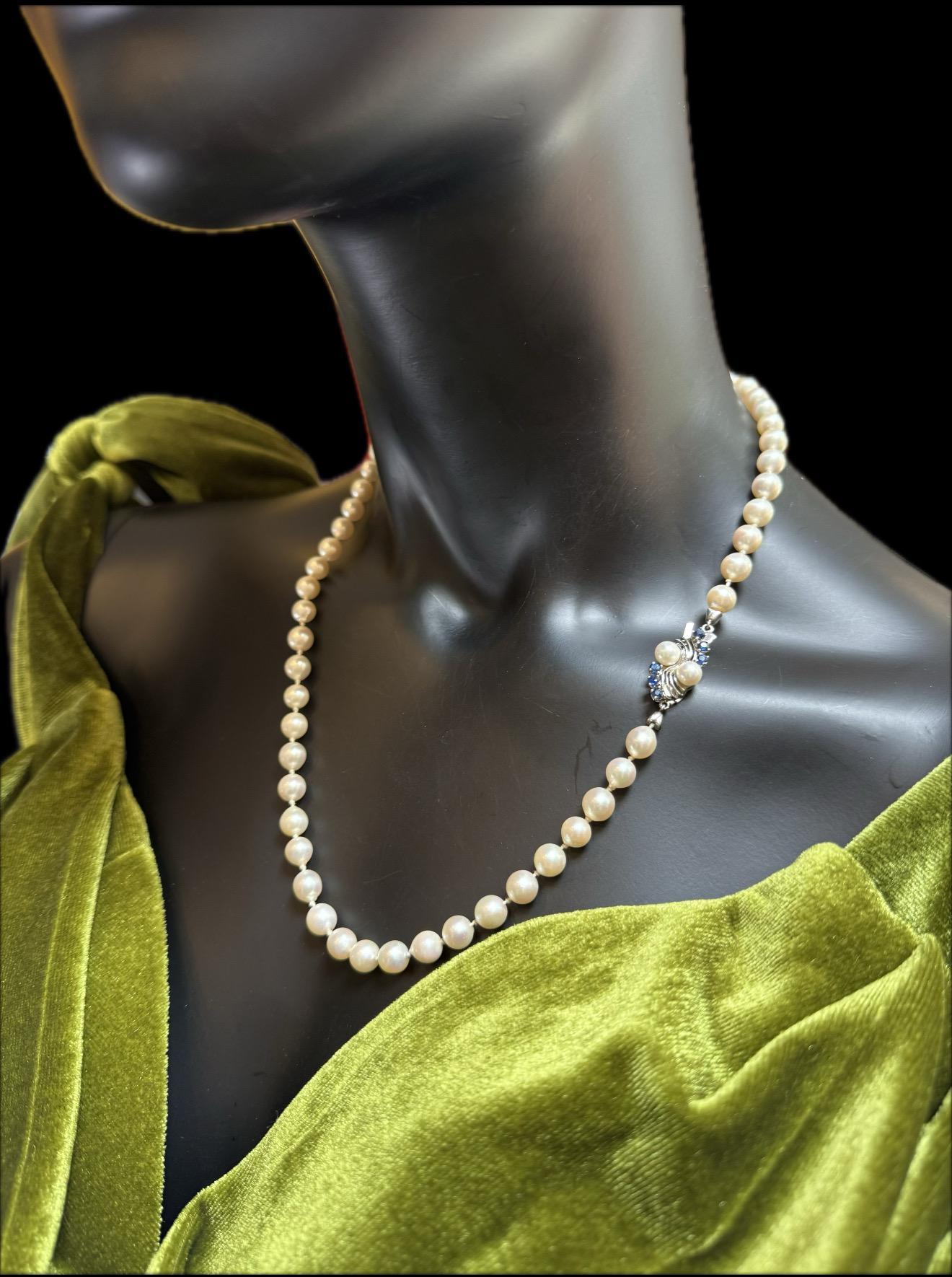 Vintage 14ct Gold Sapphire Saltwater Akoya Pearl Necklace 21 inch - Boxed N-051