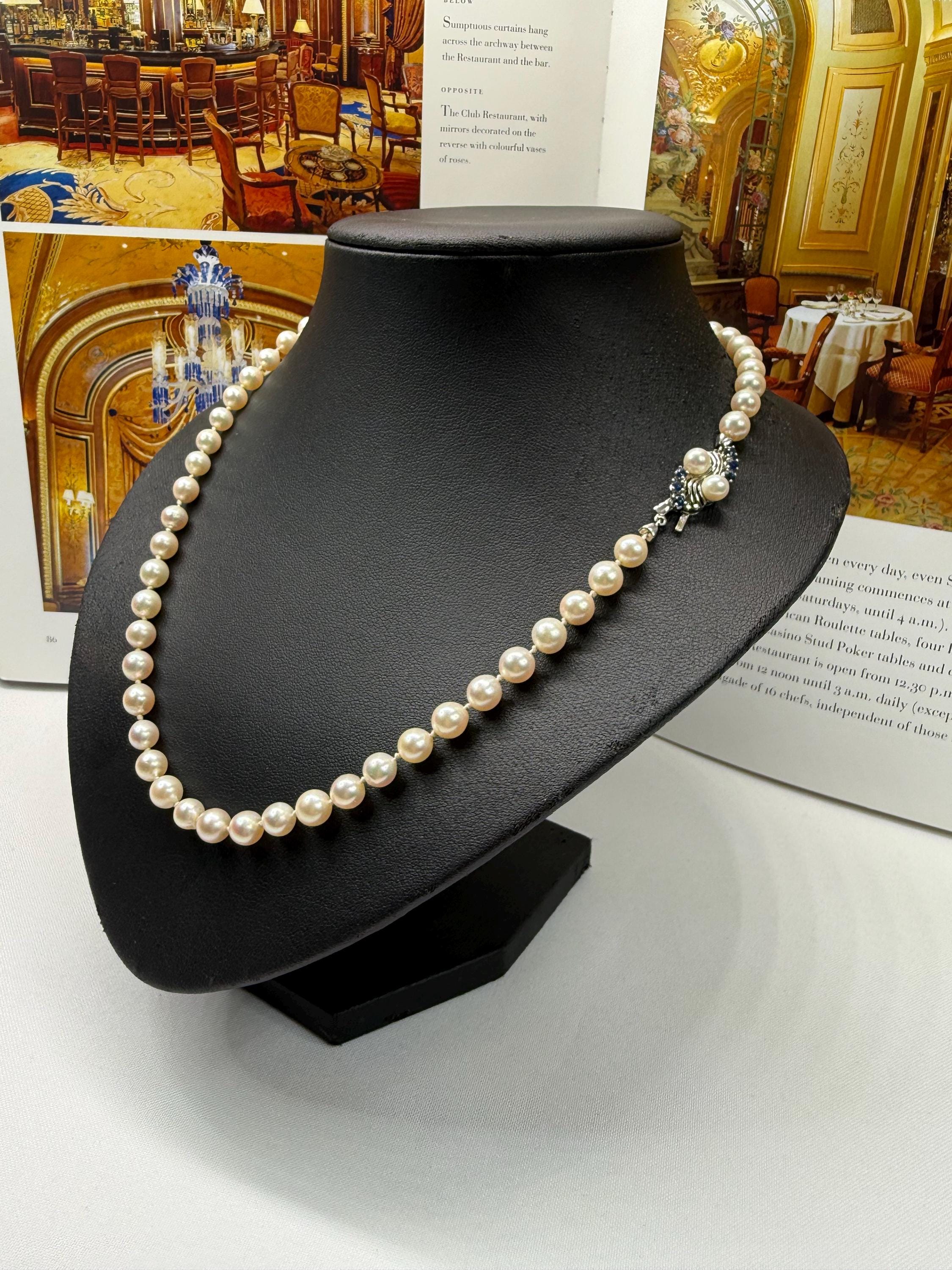 Vintage 14ct Gold Sapphire Saltwater Akoya Pearl Necklace 21 inch - Boxed N-051