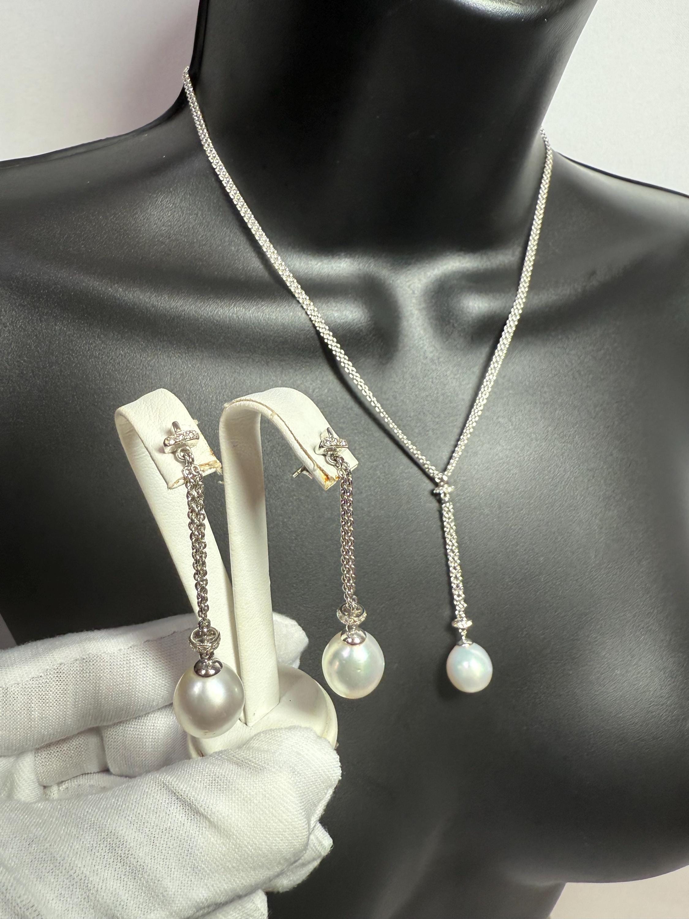 18ct White Gold Diamond Genuine Huge 14mm South Sea Pearl Necklace and Earrings - N025