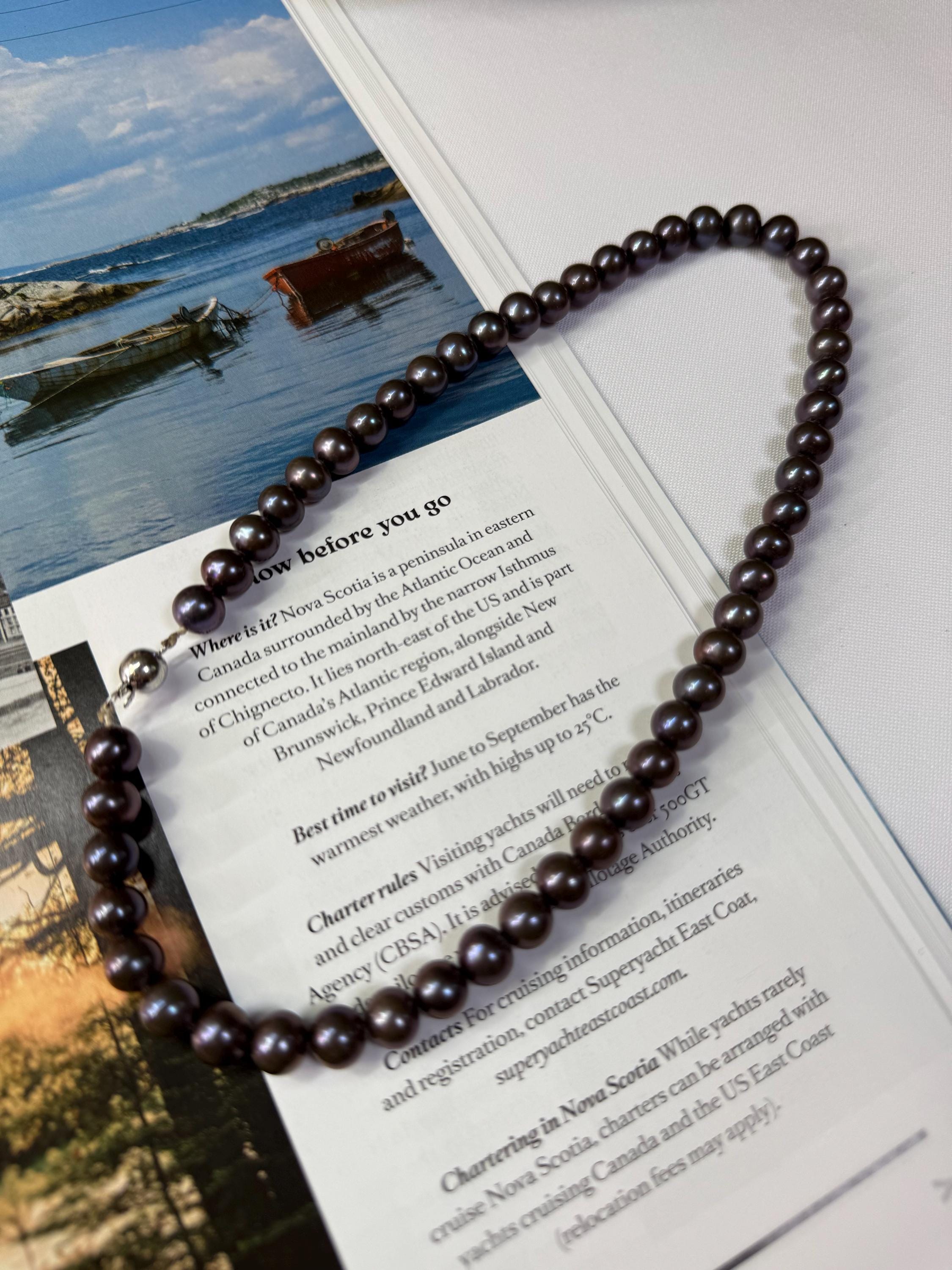 Vintage 14ct Gold Round 8mm Real Aubergine Freshwater Pearl Men’s Necklace - N031
