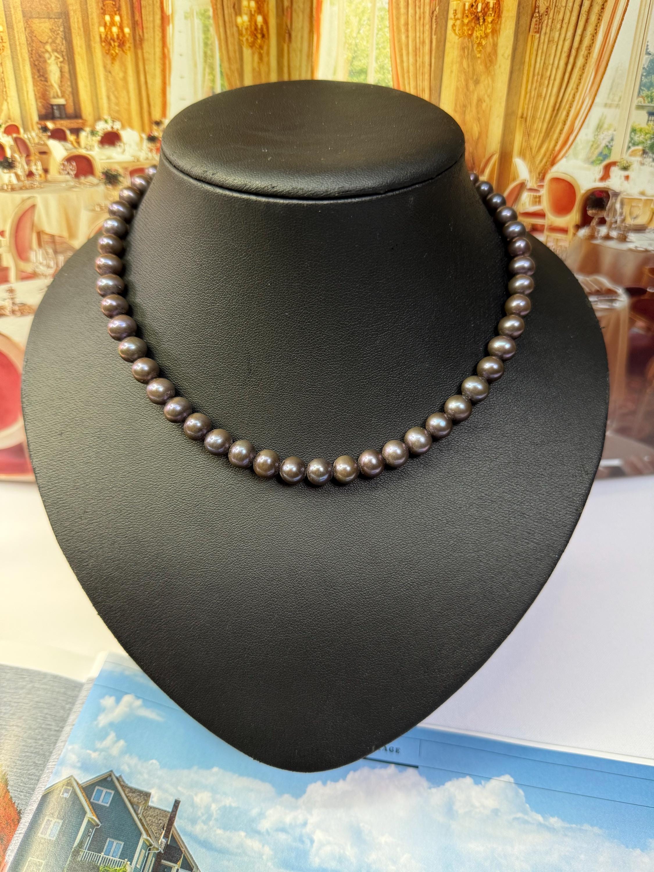Vintage 14ct Gold Round 8mm Real Aubergine Freshwater Pearl Men’s Necklace - N031