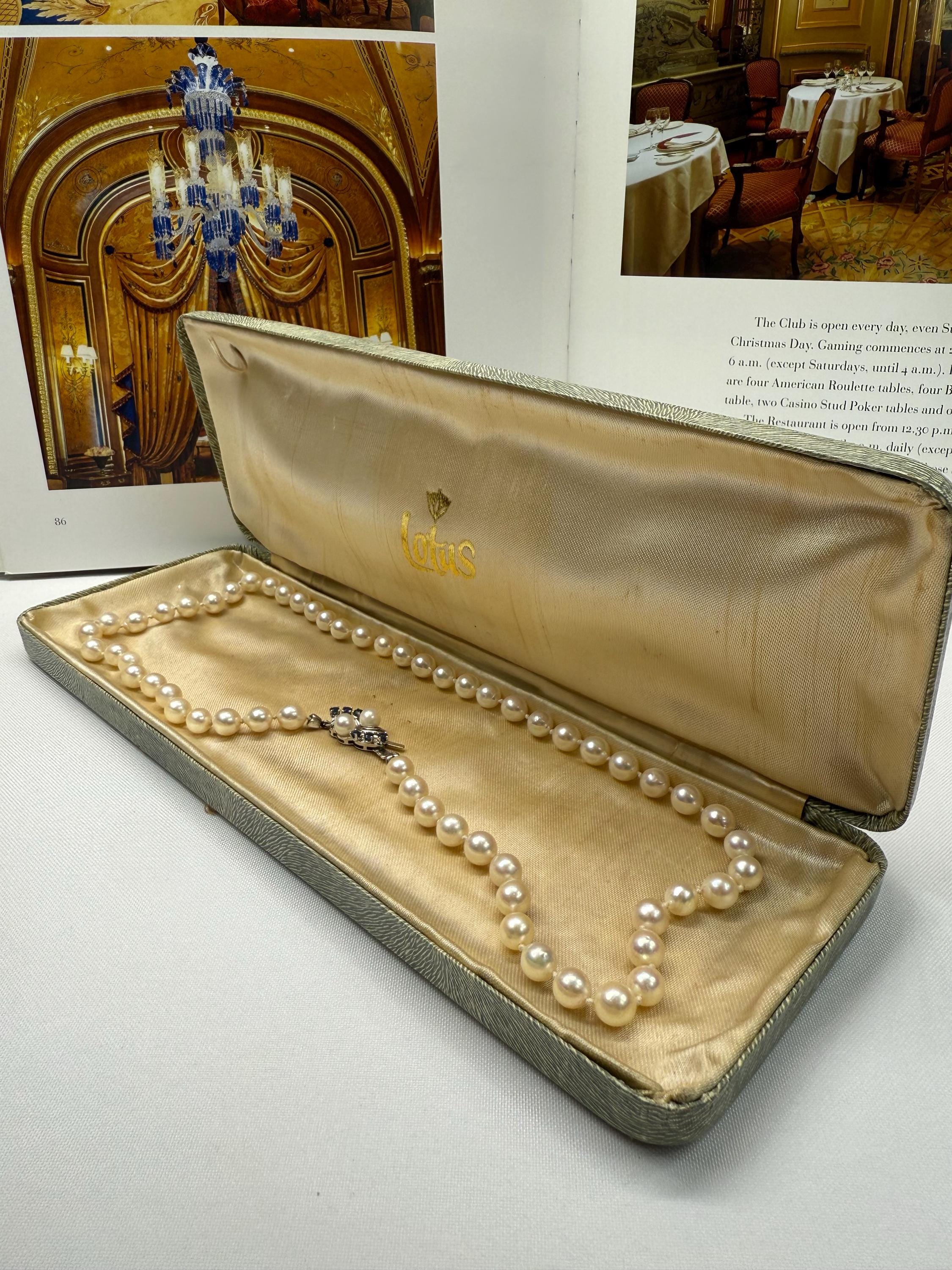 Vintage 14ct Gold Sapphire Saltwater Akoya Pearl Necklace 21 inch - Boxed N-051