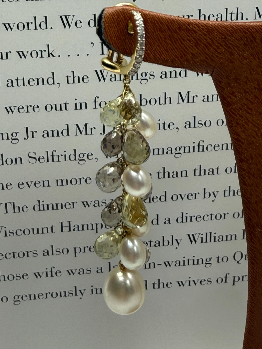 New 18ct Gold,  Diamond, Citrine, Smokey Quartz Freshwater Pearl Dangle Earrings - E-060