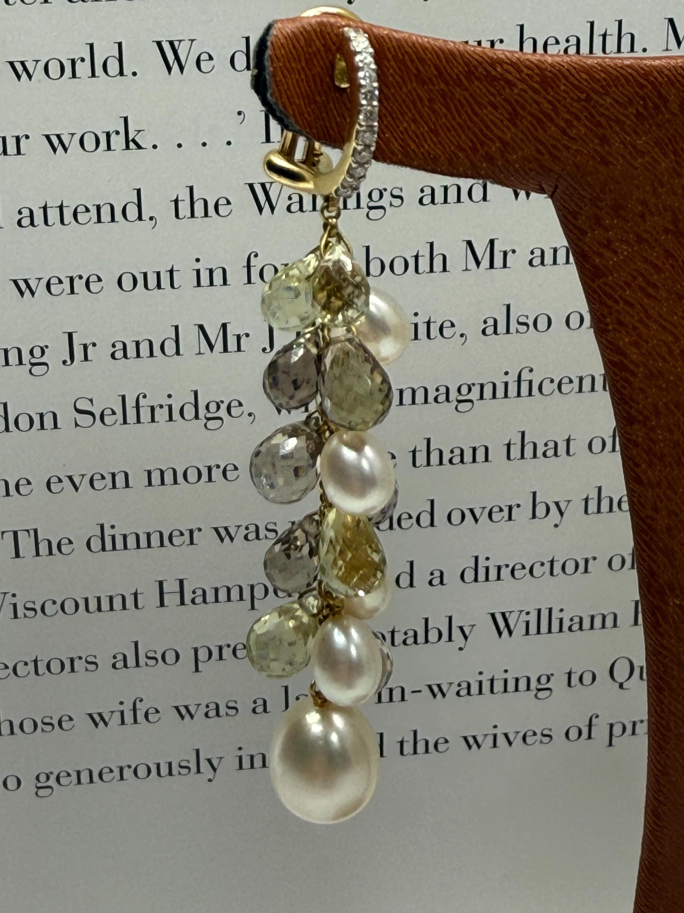New 18ct Gold,  Diamond, Citrine, Smokey Quartz Freshwater Pearl Dangle Earrings - E-060