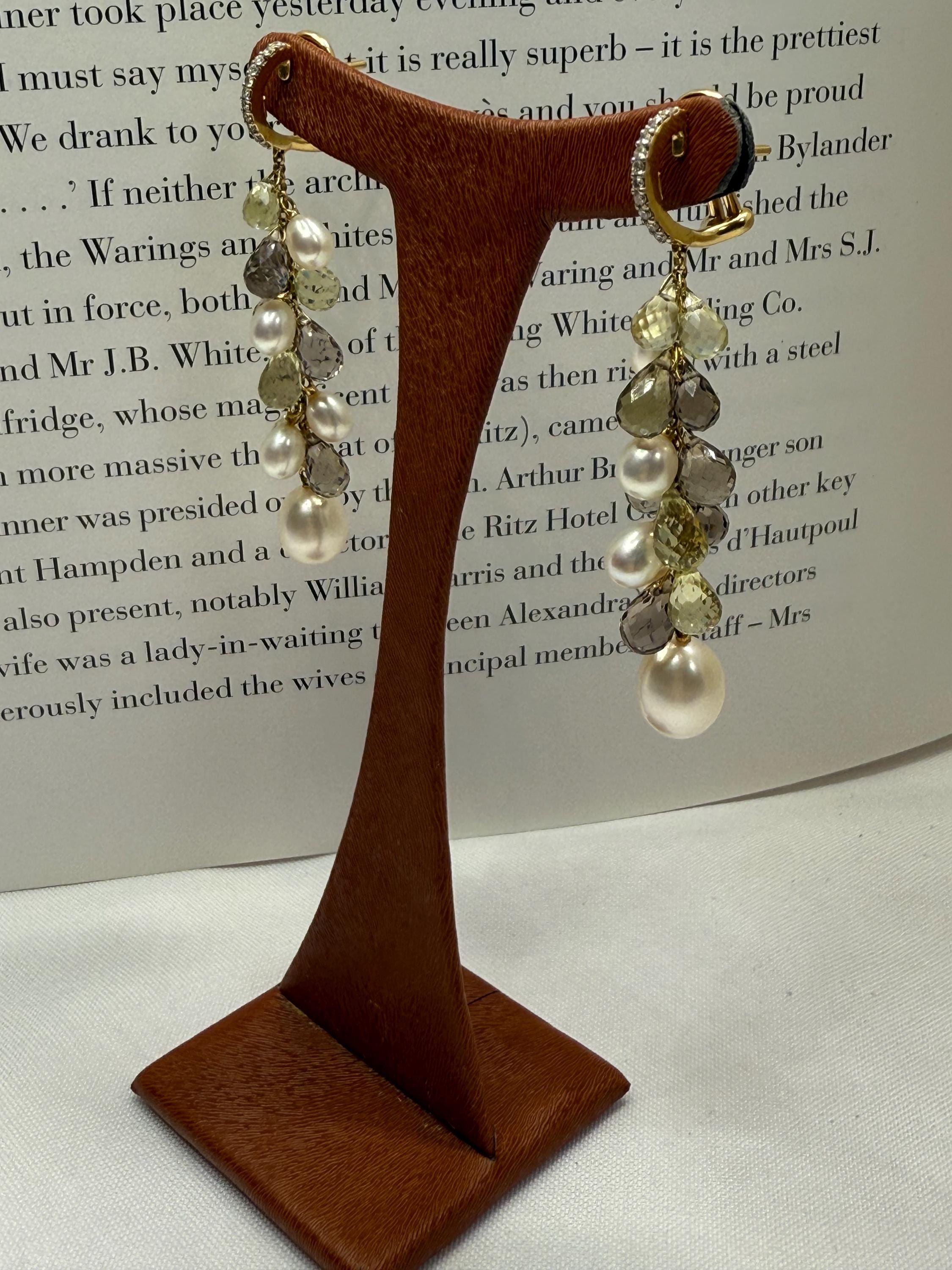 New 18ct Gold,  Diamond, Citrine, Smokey Quartz Freshwater Pearl Dangle Earrings - E-060