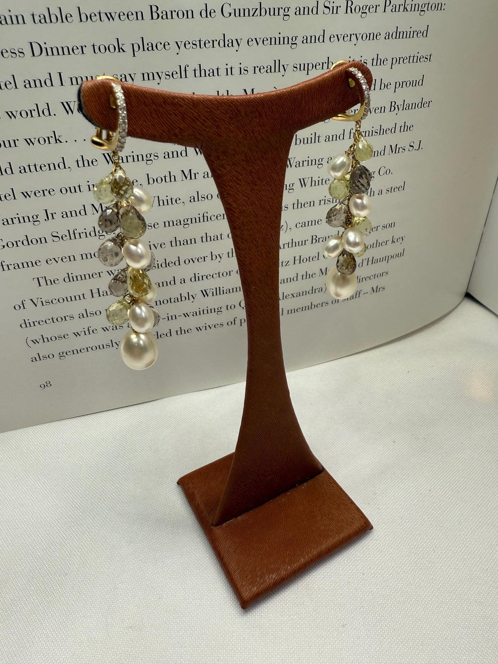 New 18ct Gold,  Diamond, Citrine, Smokey Quartz Freshwater Pearl Dangle Earrings - E-060
