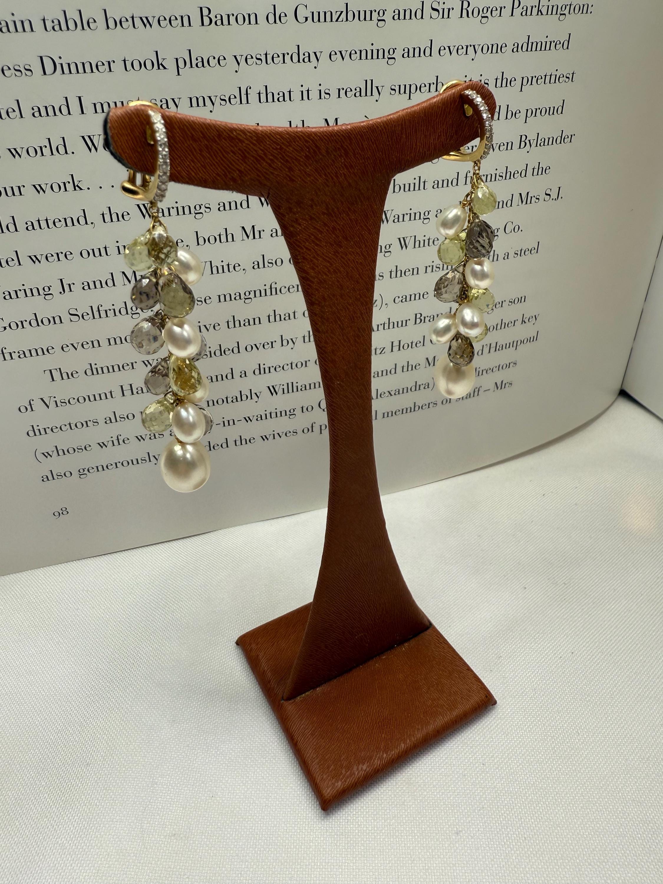 New 18ct Gold,  Diamond, Citrine, Smokey Quartz Freshwater Pearl Dangle Earrings - E-060
