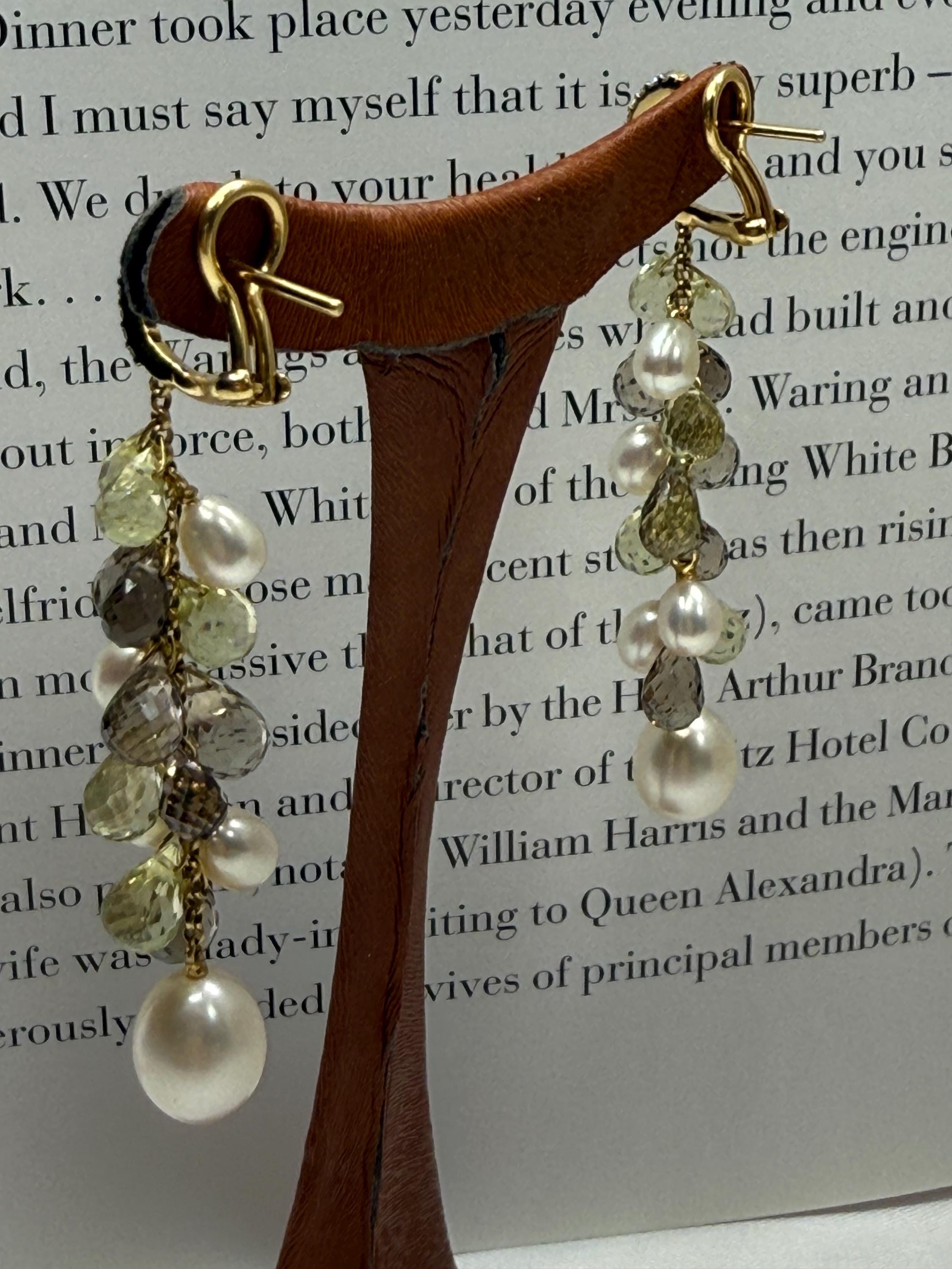 New 18ct Gold,  Diamond, Citrine, Smokey Quartz Freshwater Pearl Dangle Earrings - E-060