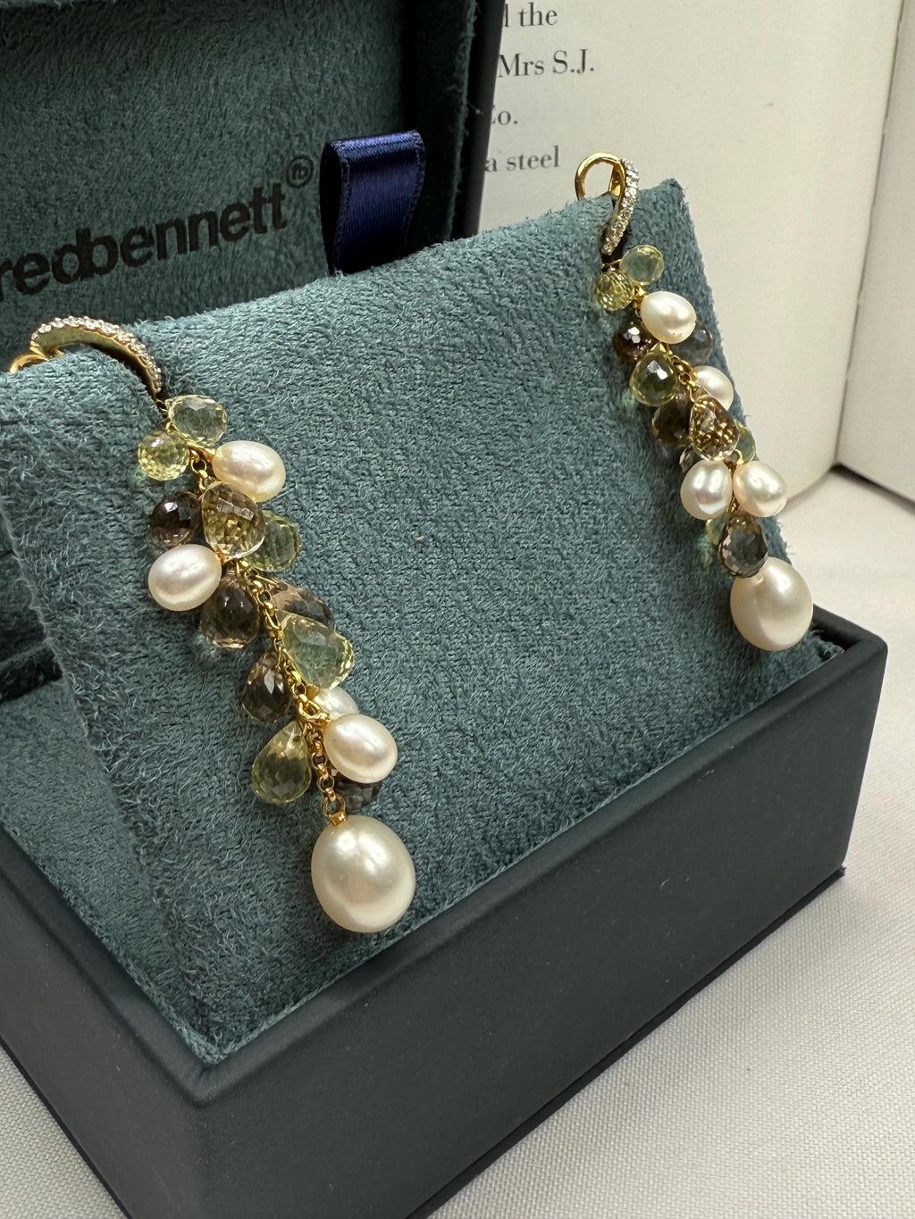 New 18ct Gold,  Diamond, Citrine, Smokey Quartz Freshwater Pearl Dangle Earrings - E-060