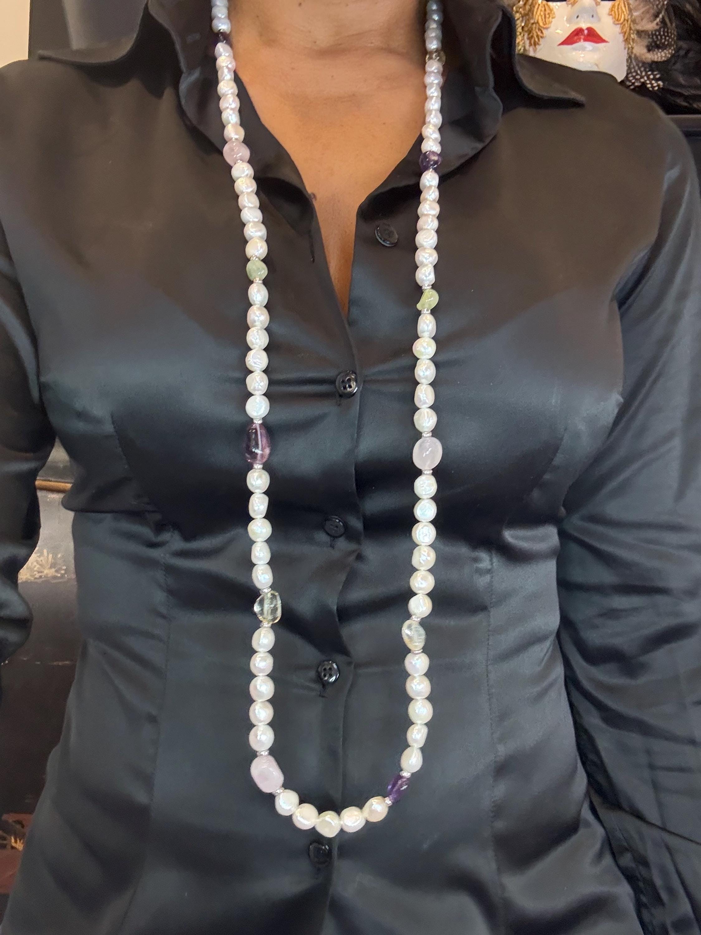 Cultured Pearl Rope Necklace, Amethyst, Rose Quartz, Peridot, Clear Quartz, 40 Inch