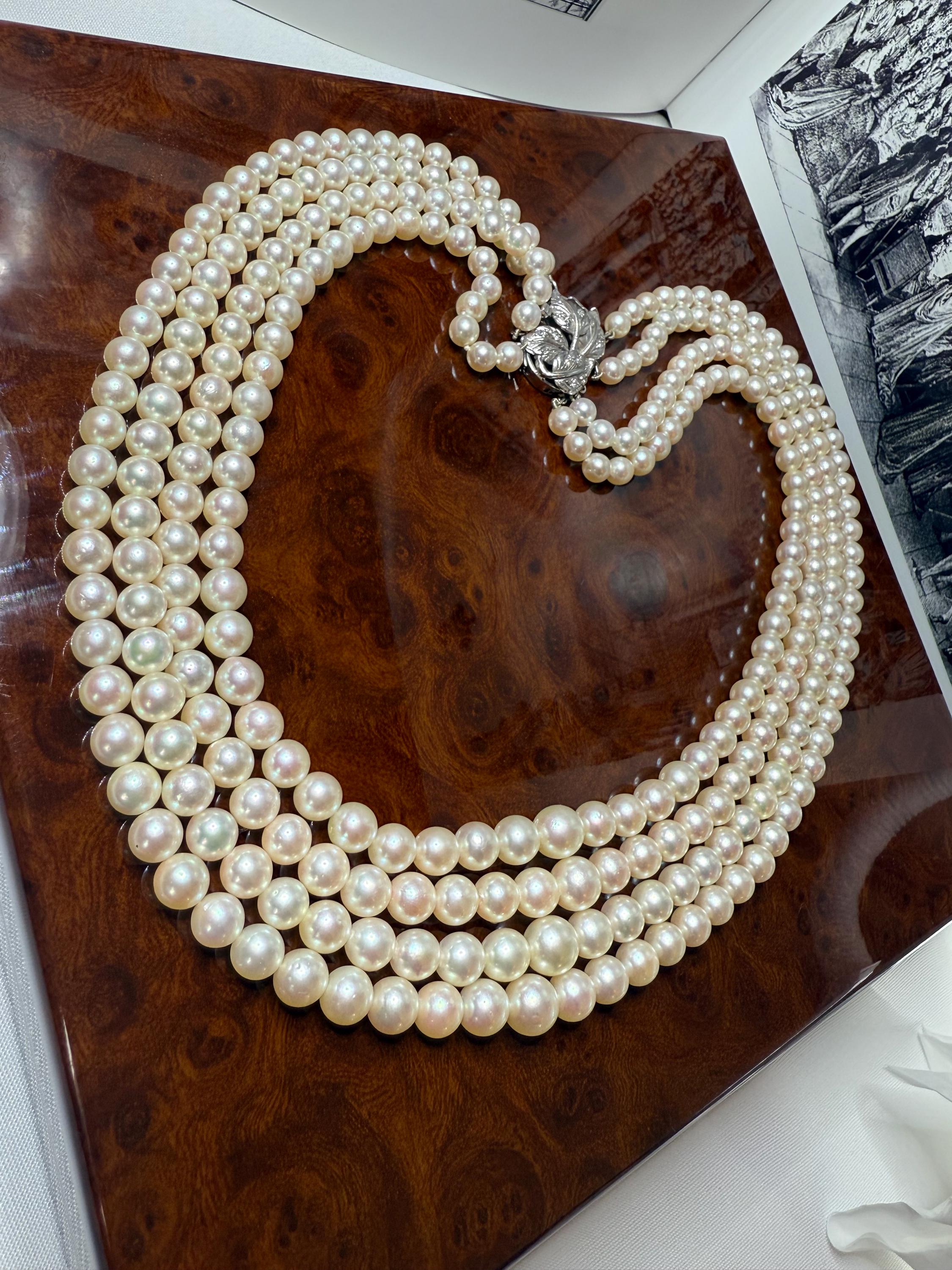 1950’s Estate Four Strand Japanese Akoya Pearl Necklace 18ct Gold Diamond Clasp - N082