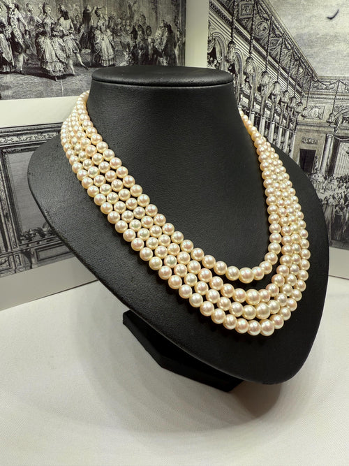 1950’s Estate Four Strand Japanese Akoya Pearl Necklace 18ct Gold Diamond Clasp - N082