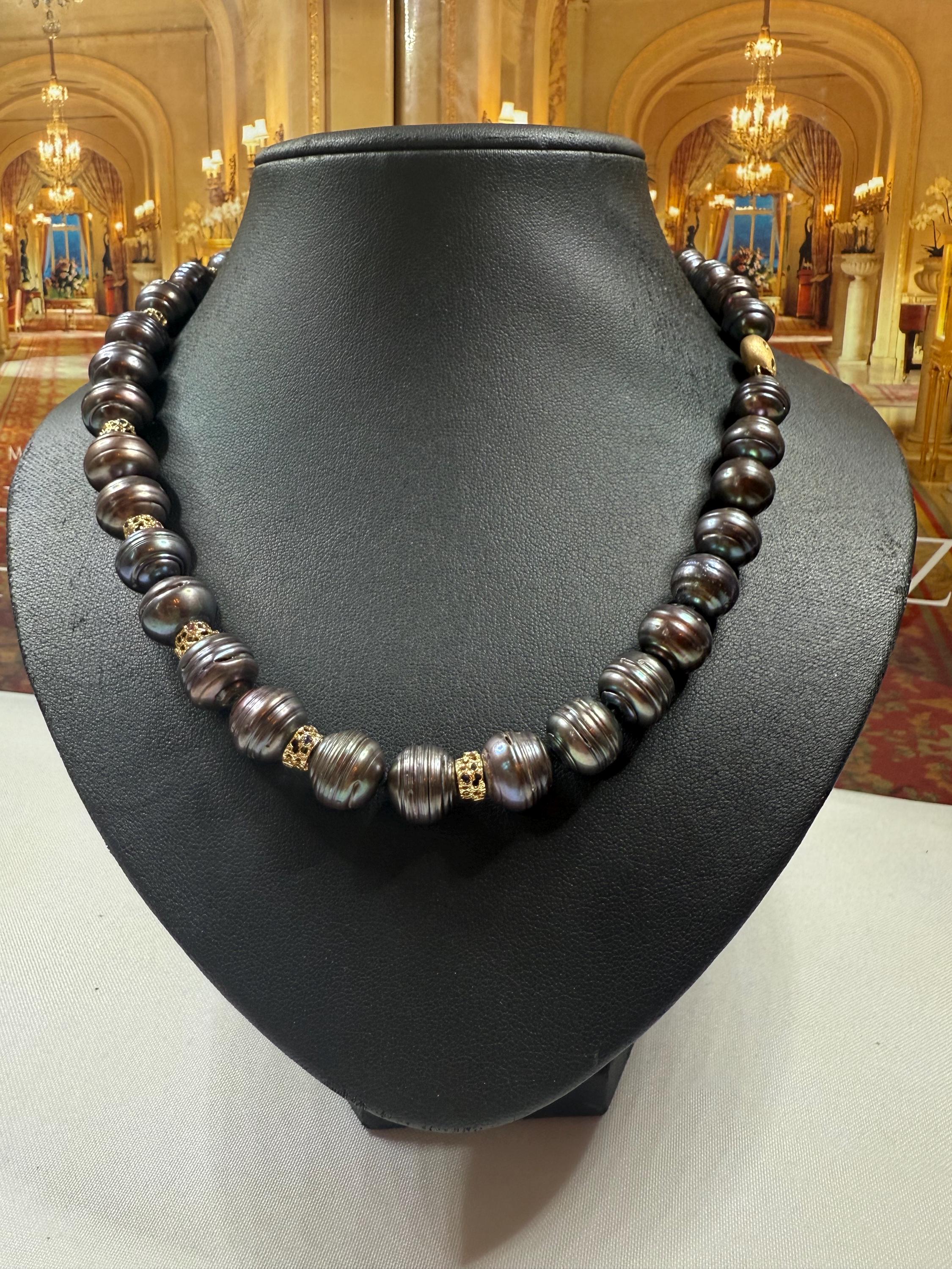 New 14ct Ruby, Sapphire, Emerald, Diamond Heavy Tahitian Pearl Necklace with 14ct Gem Set clasp -N018