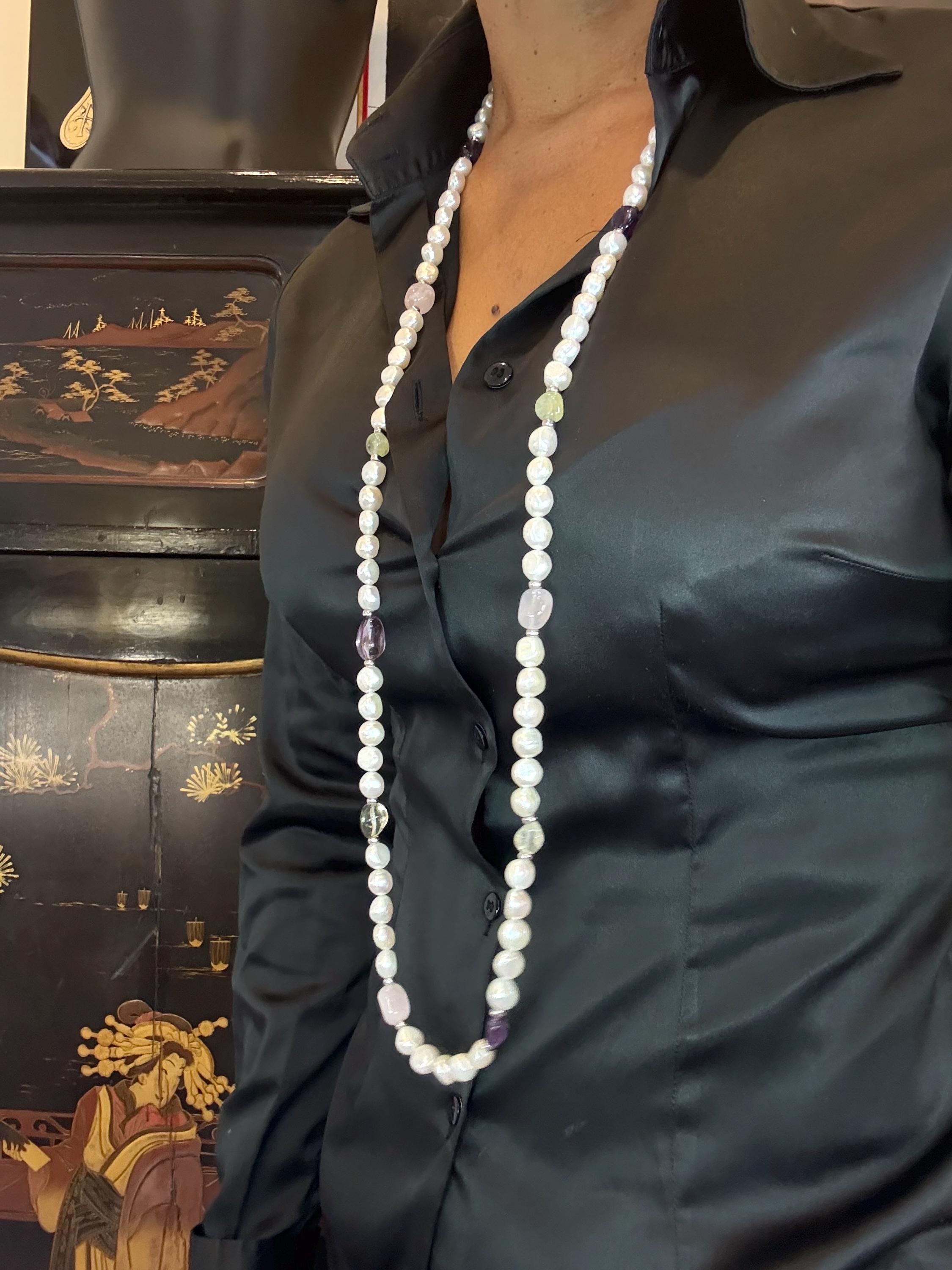 Cultured Pearl Rope Necklace, Amethyst, Rose Quartz, Peridot, Clear Quartz, 40 Inch