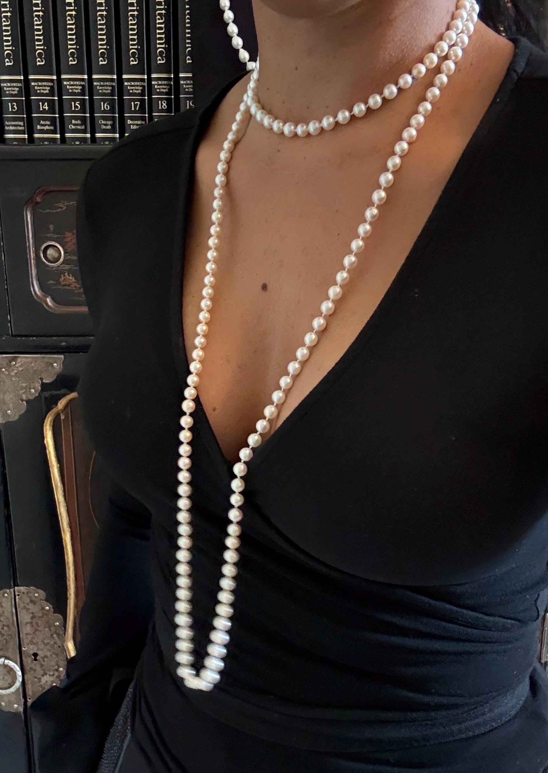 Vintage Real saltwater Akoya Pearl Rope Necklace Silver Marcasite Clasp - N011