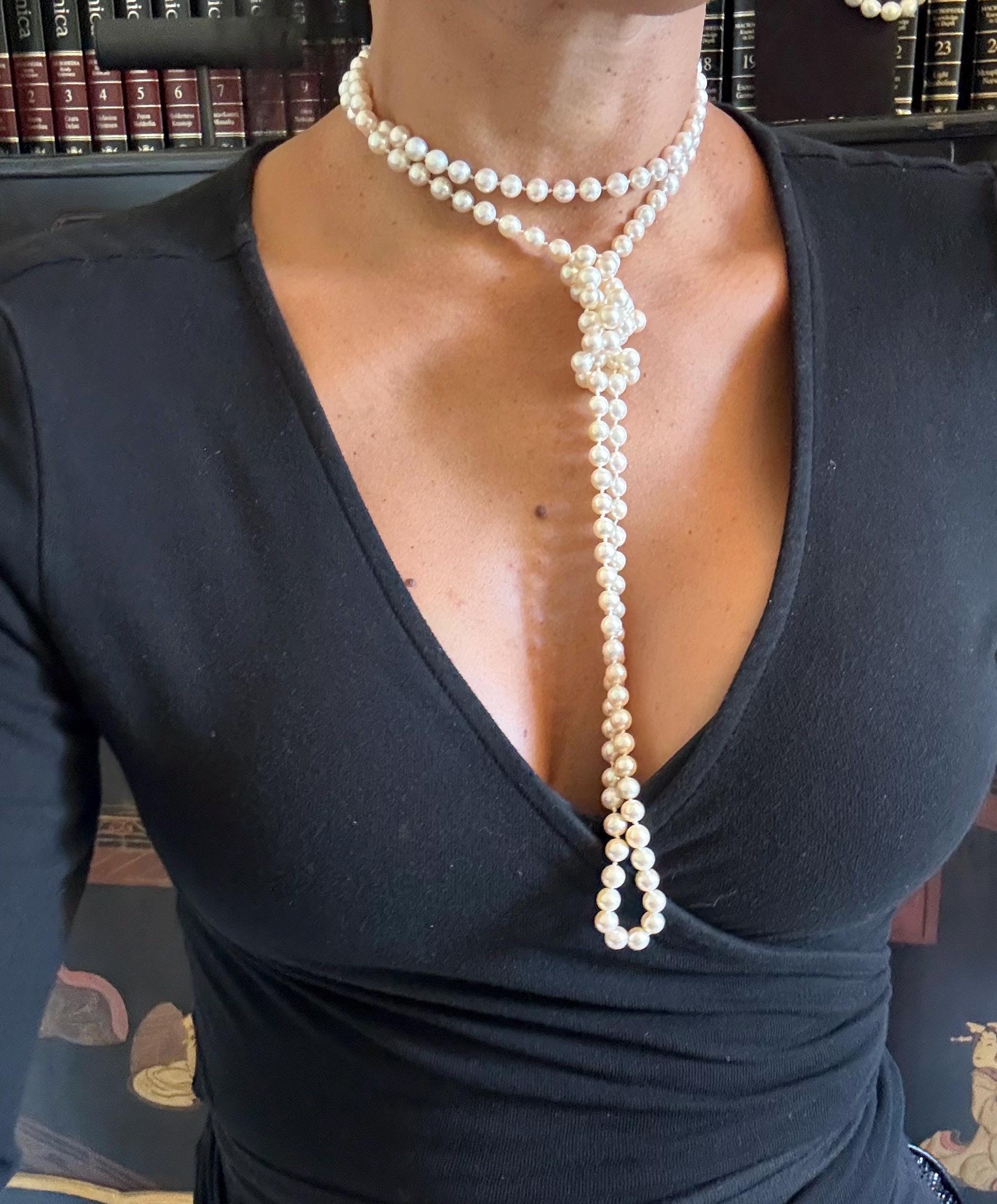 Vintage Real saltwater Akoya Pearl Rope Necklace Silver Marcasite Clasp - N011