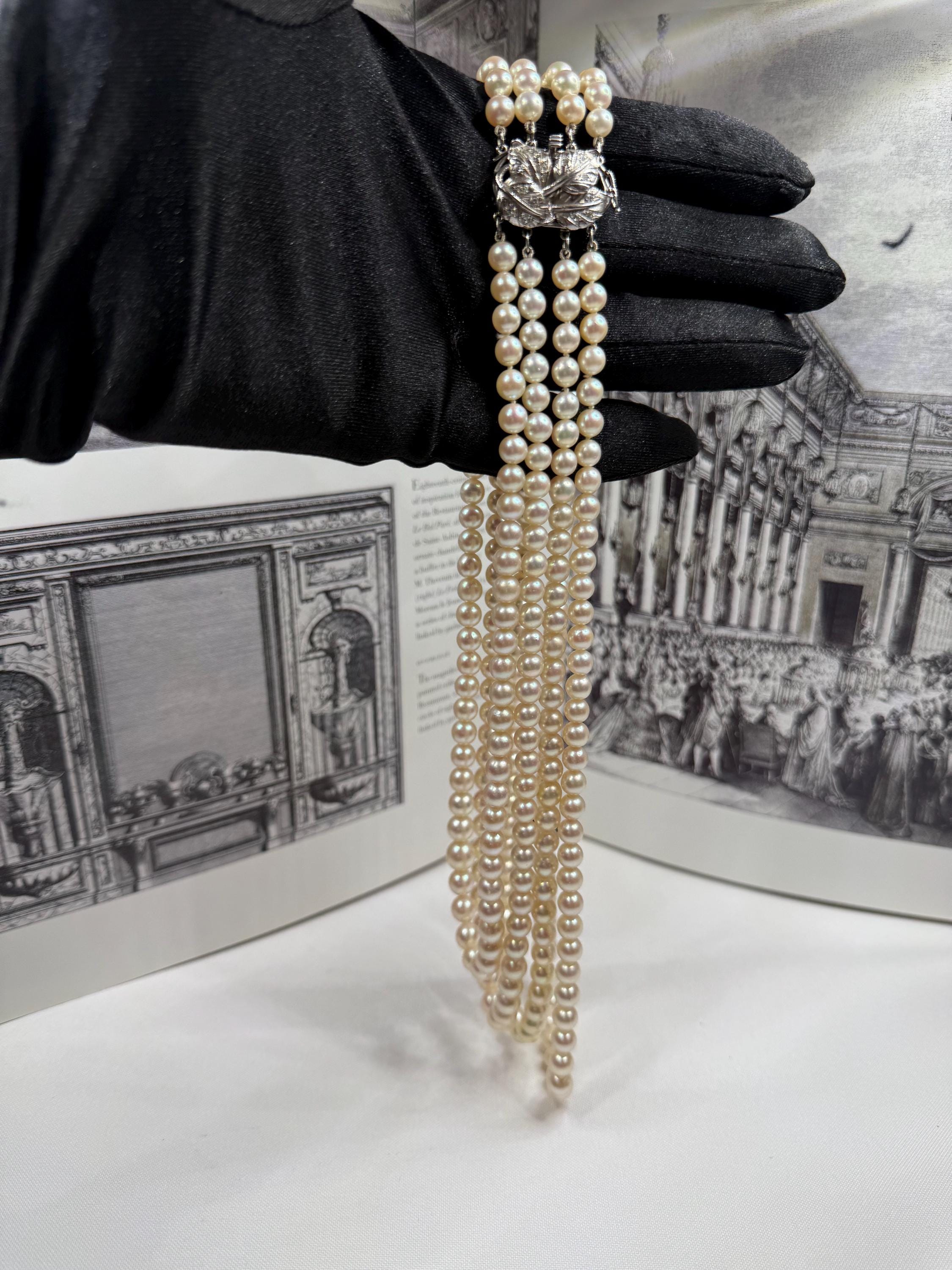 1950’s Estate Four Strand Japanese Akoya Pearl Necklace 18ct Gold Diamond Clasp - N082