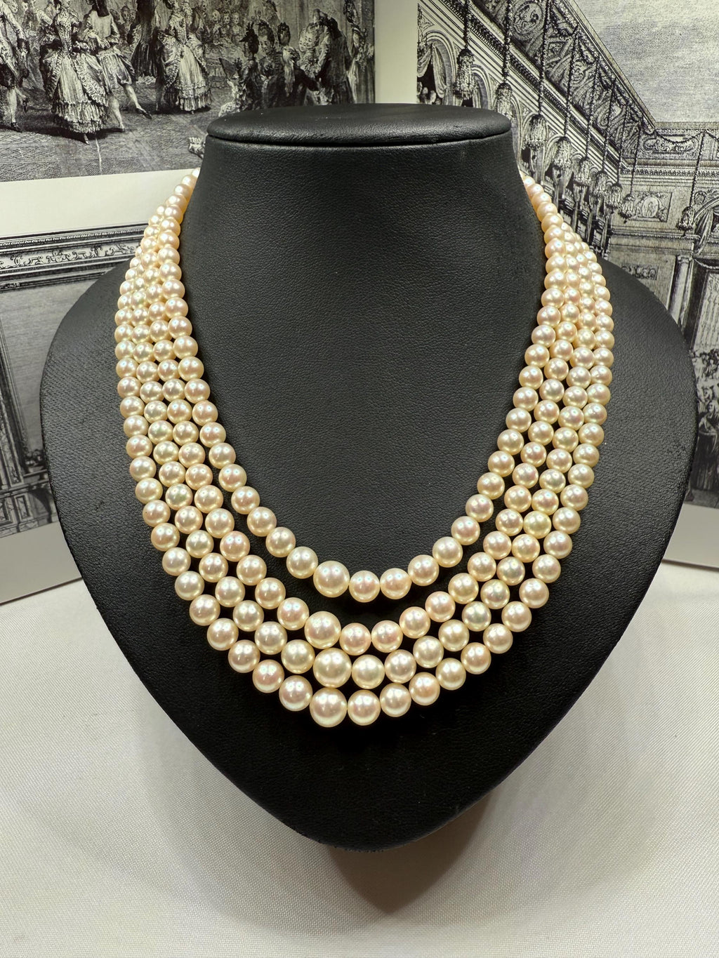 1950’s Estate Four Strand Japanese Akoya Pearl Necklace 18ct Gold Diamond Clasp - N082
