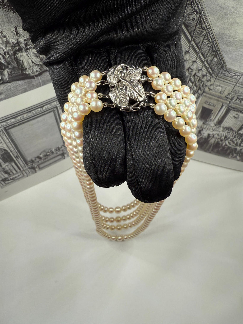 1950’s Estate Four Strand Japanese Akoya Pearl Necklace 18ct Gold Diamond Clasp - N082
