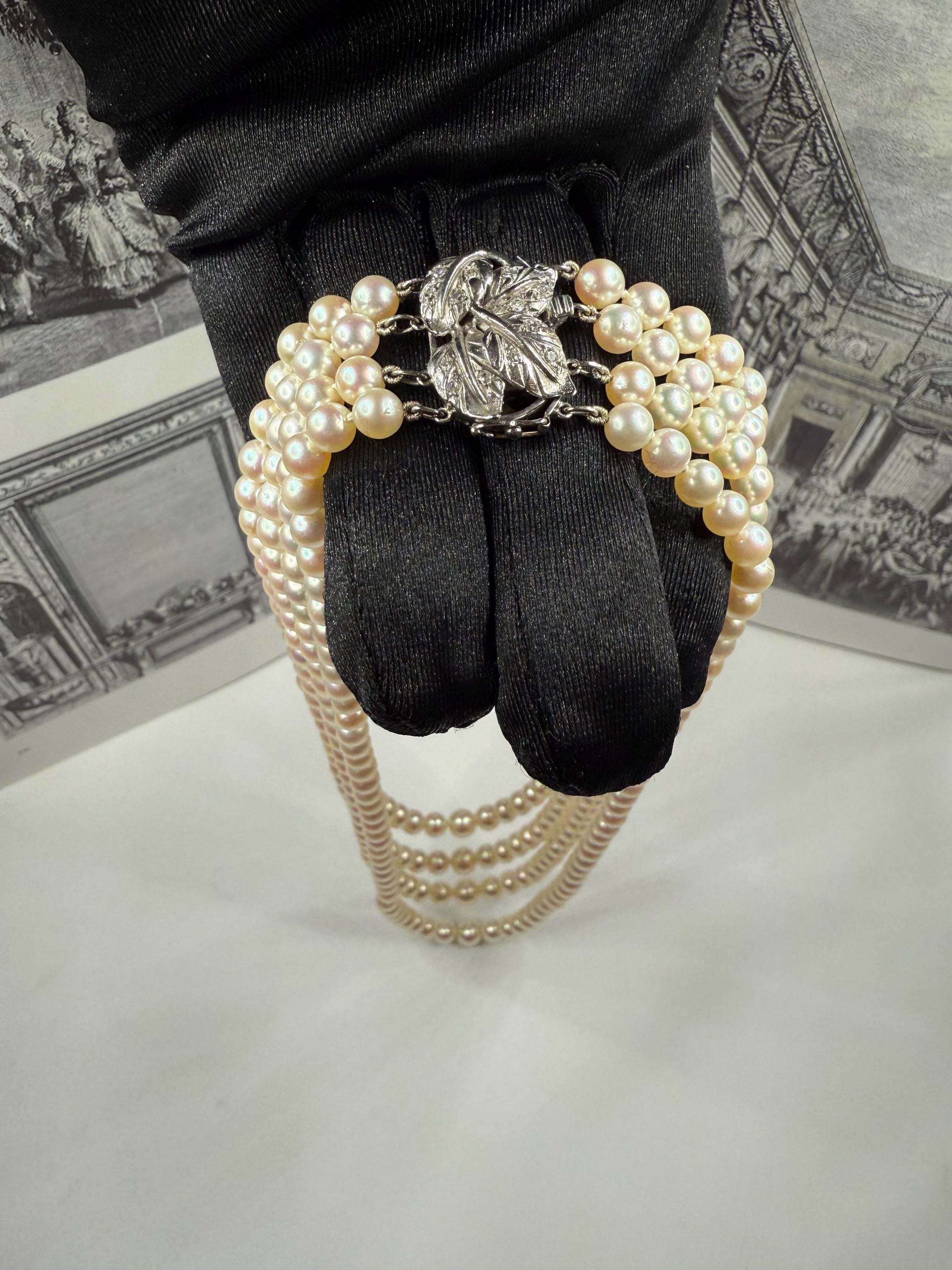 1950’s Estate Four Strand Japanese Akoya Pearl Necklace 18ct Gold Diamond Clasp - N082