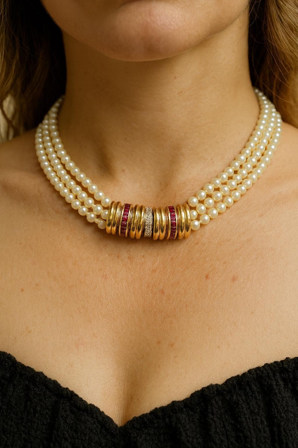 Vintage 18ct Gold Diamond Ruby Akoya Saltwater Pearl Triple Strand Choker Necklace - N089