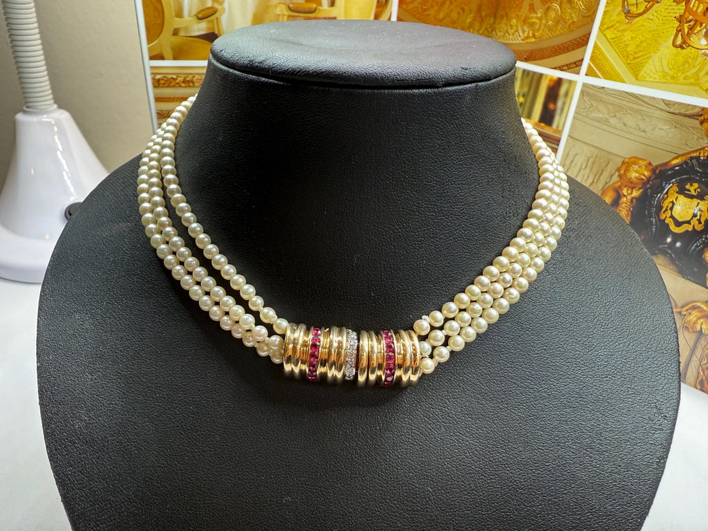 Vintage 18ct Gold Diamond Ruby Akoya Saltwater Pearl Triple Strand Choker Necklace - N089
