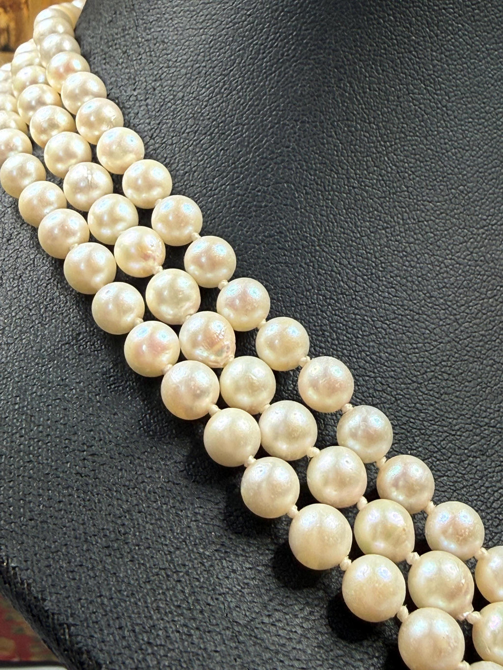 Vintage 9ct Gold Mid-Century Real Saltwater Akoya Pearl Triple Strand Necklace Jackie Kennedy - N104