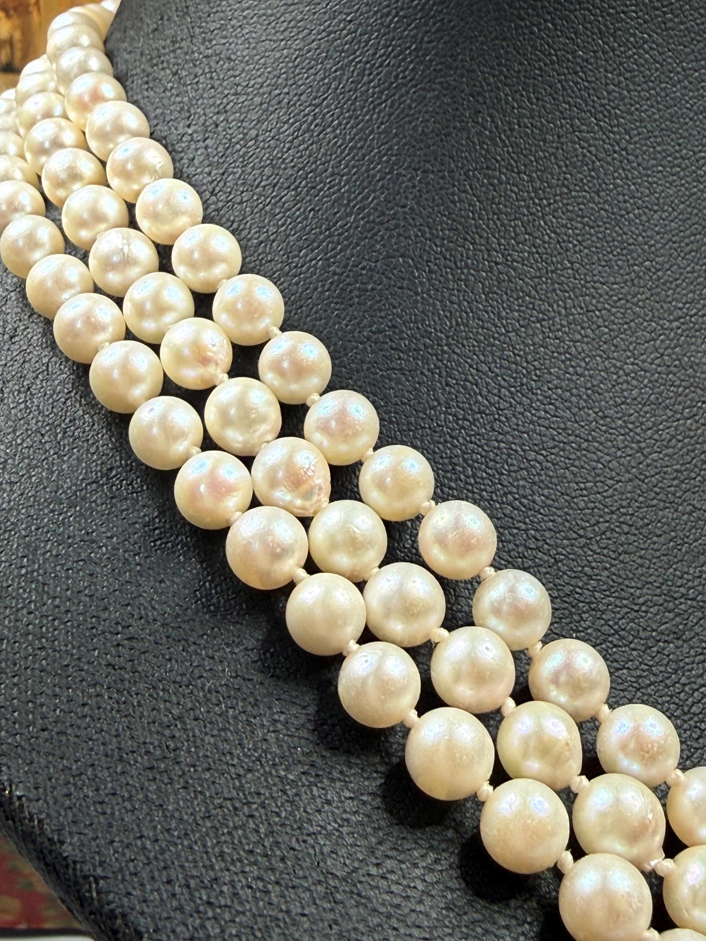 Vintage 9ct Gold Mid-Century Real Saltwater Akoya Pearl Triple Strand Necklace Jackie Kennedy - N104