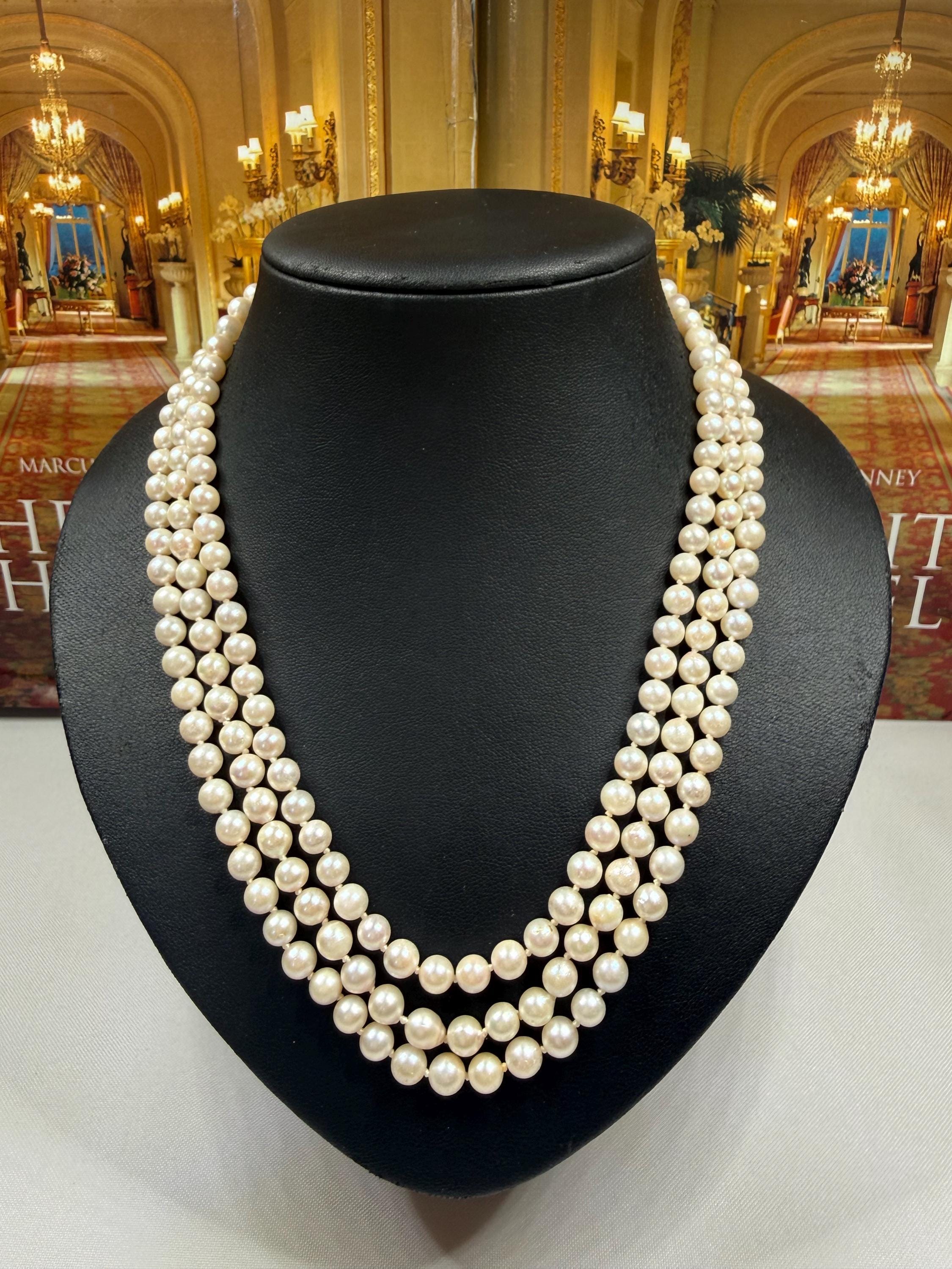 Vintage 9ct Gold Mid-Century Real Saltwater Akoya Pearl Triple Strand Necklace Jackie Kennedy - N104