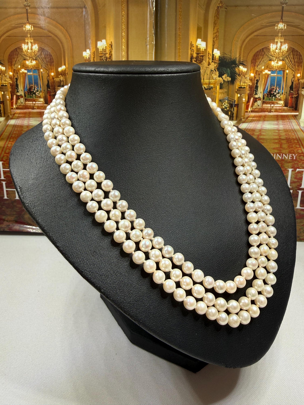 Vintage 9ct Gold Mid-Century Real Saltwater Akoya Pearl Triple Strand Necklace Jackie Kennedy - N104