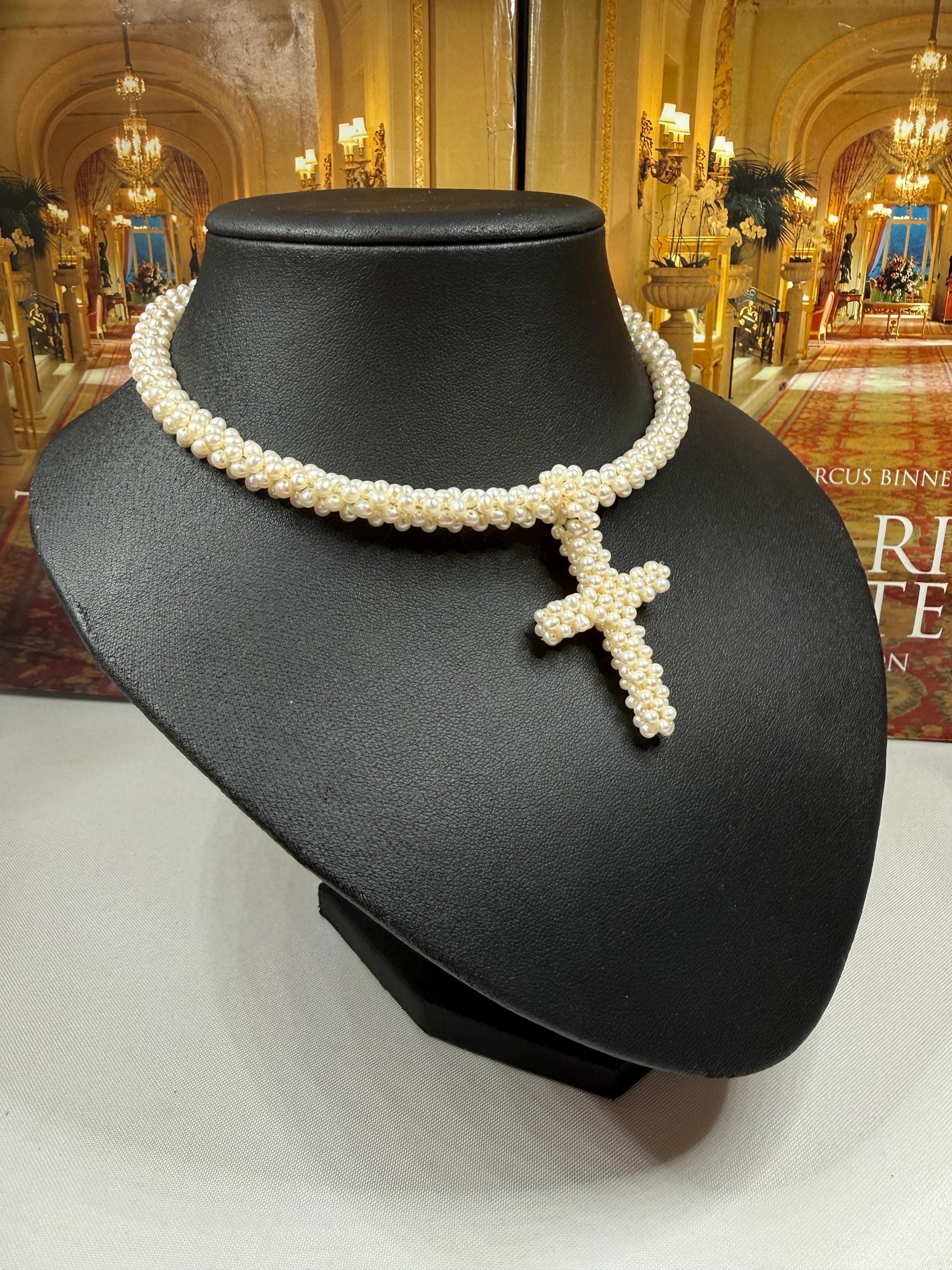 Freshwater Pearl Woven Choker with Detachable Cross - 14ct - N114