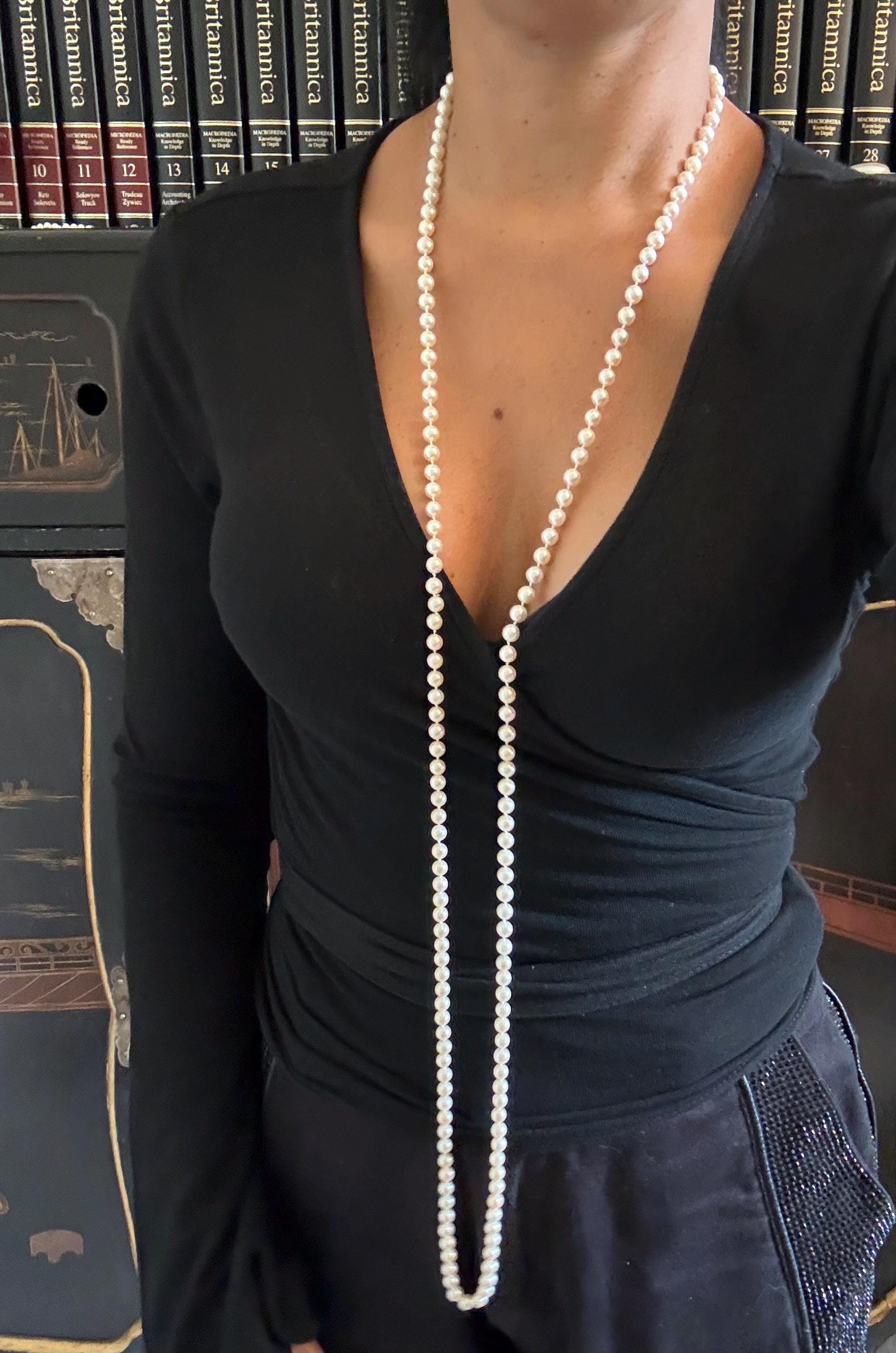 Vintage Real saltwater Akoya Pearl Rope Necklace Silver Marcasite Clasp - N011