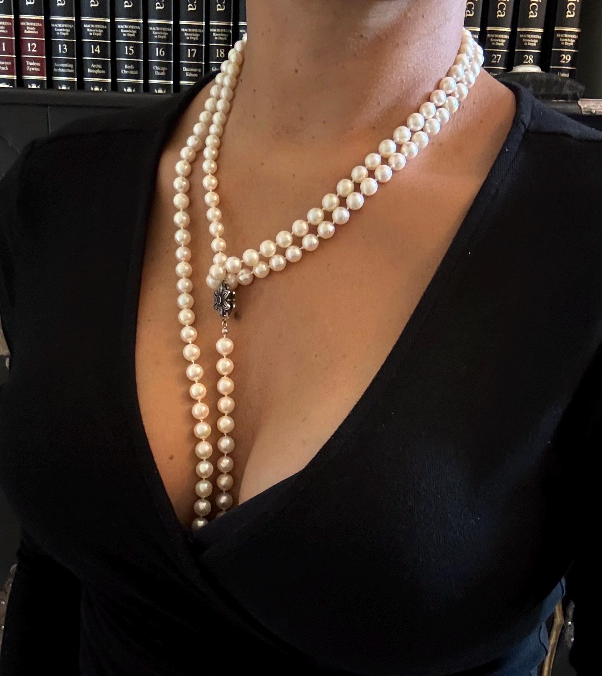 Vintage Real saltwater Akoya Pearl Rope Necklace Silver Marcasite Clasp - N011