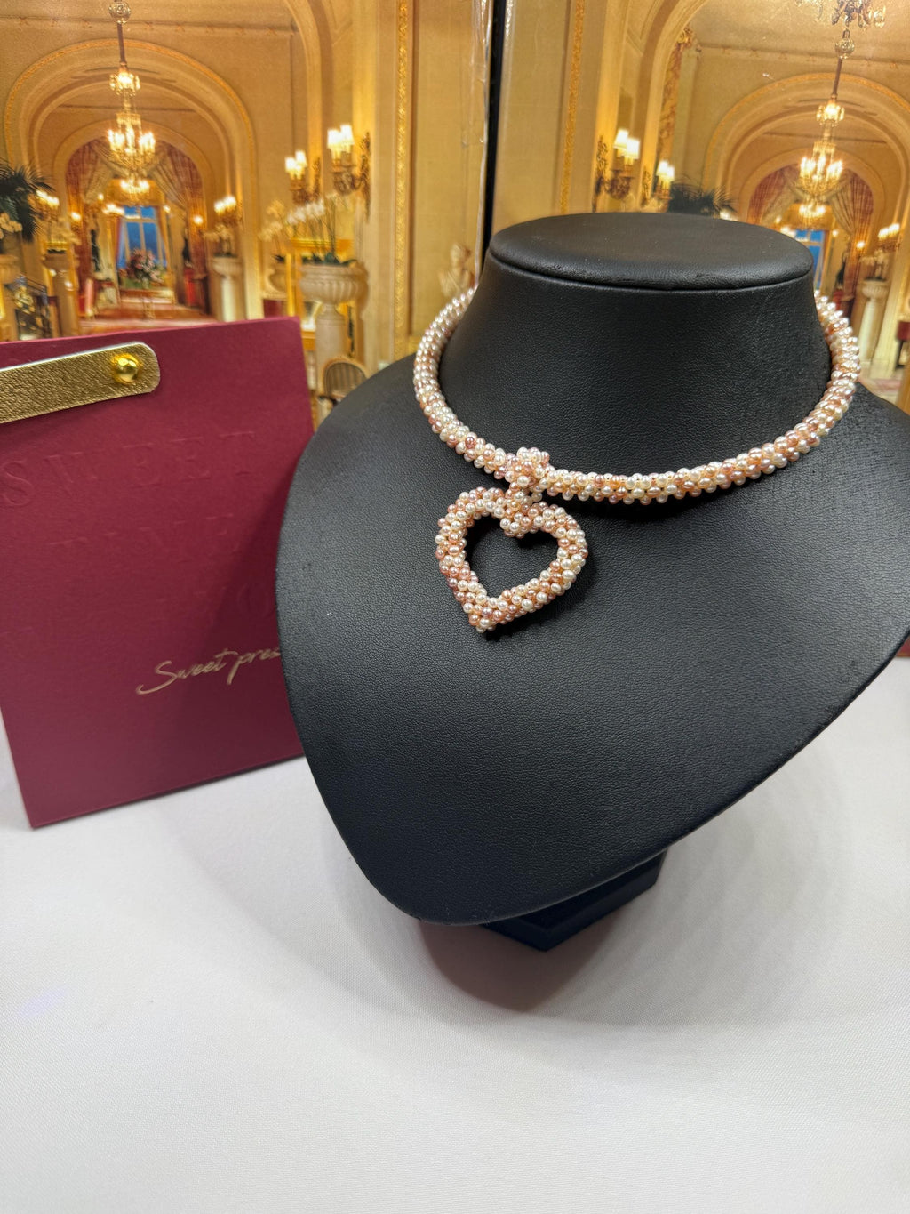 New Woven Pink Freshwater Pearl Heart Collar Necklace - N116