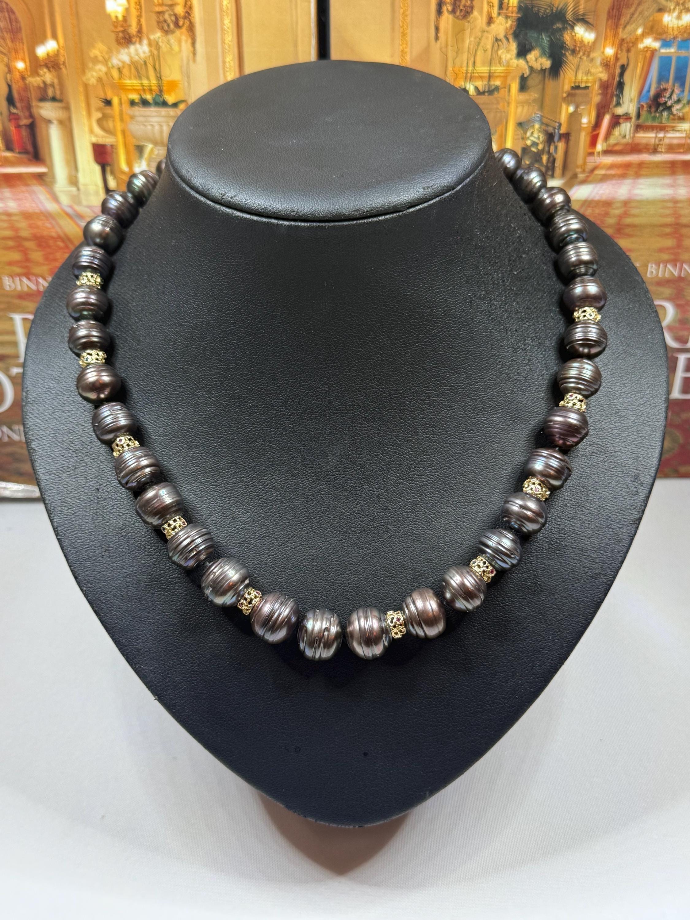 New 14ct Ruby, Sapphire, Emerald, Diamond Heavy Tahitian Pearl Necklace with 14ct Gem Set clasp -N018