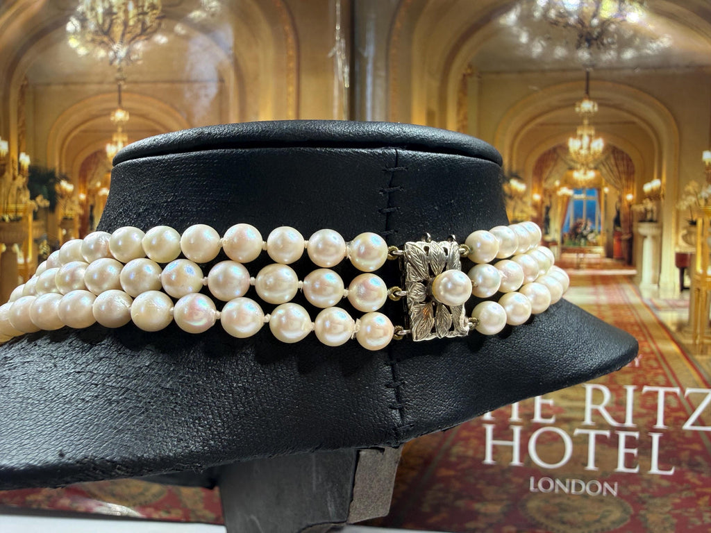 Vintage 9ct Gold Mid-Century Real Saltwater Akoya Pearl Triple Strand Necklace Jackie Kennedy - N104