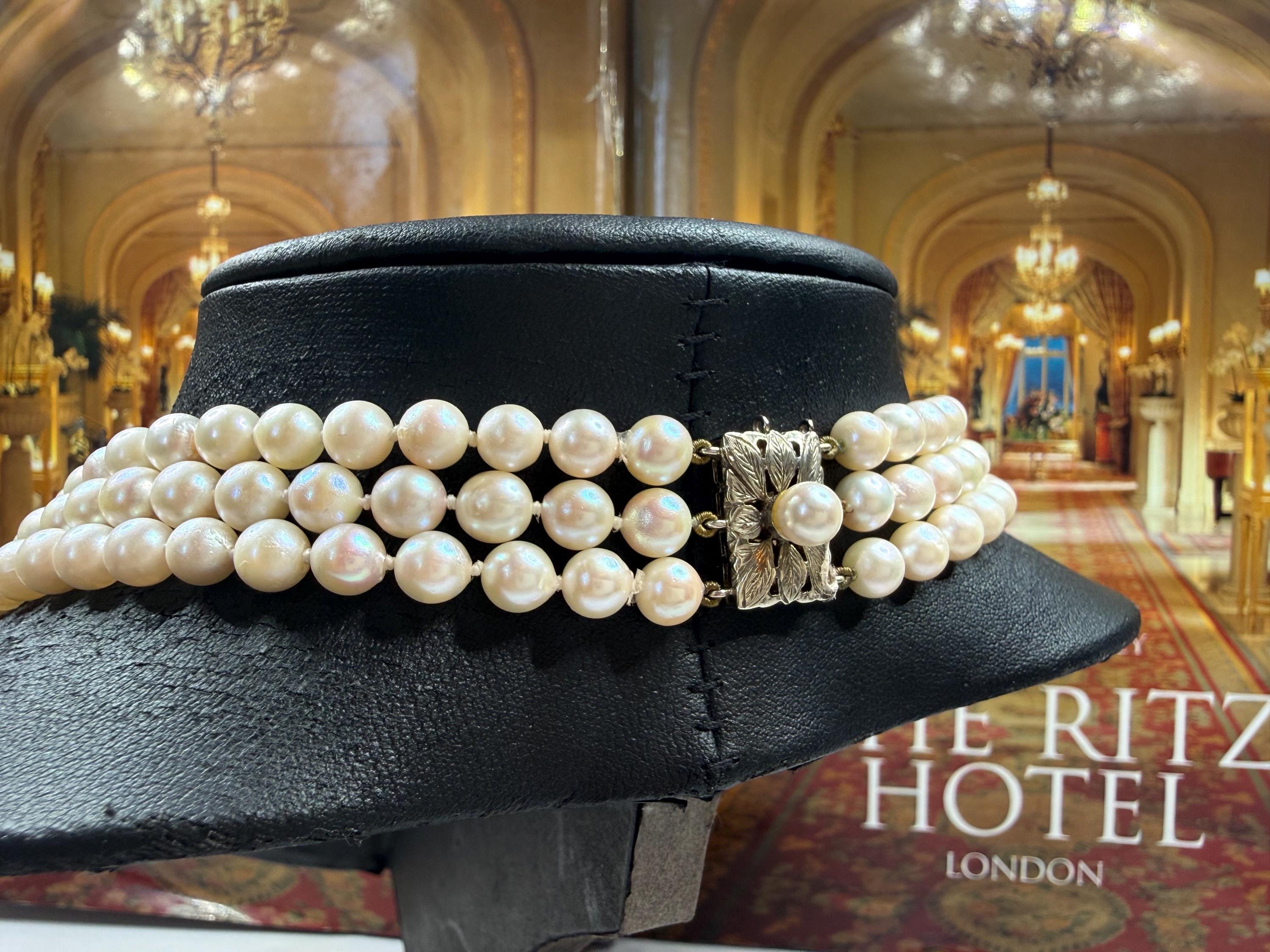 Vintage 9ct Gold Mid-Century Real Saltwater Akoya Pearl Triple Strand Necklace Jackie Kennedy - N104