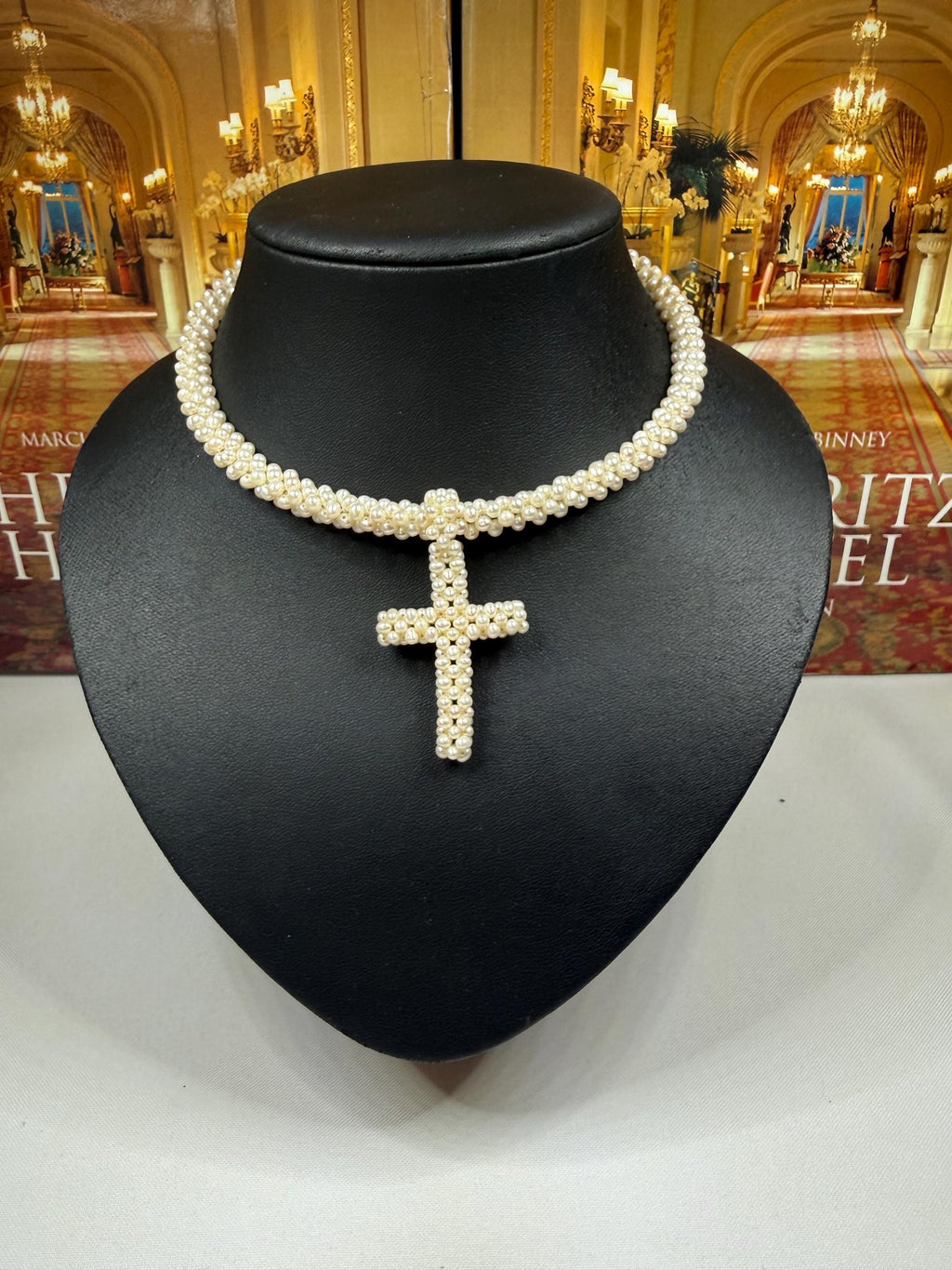 Freshwater Pearl Woven Choker with Detachable Cross - 14ct - N114