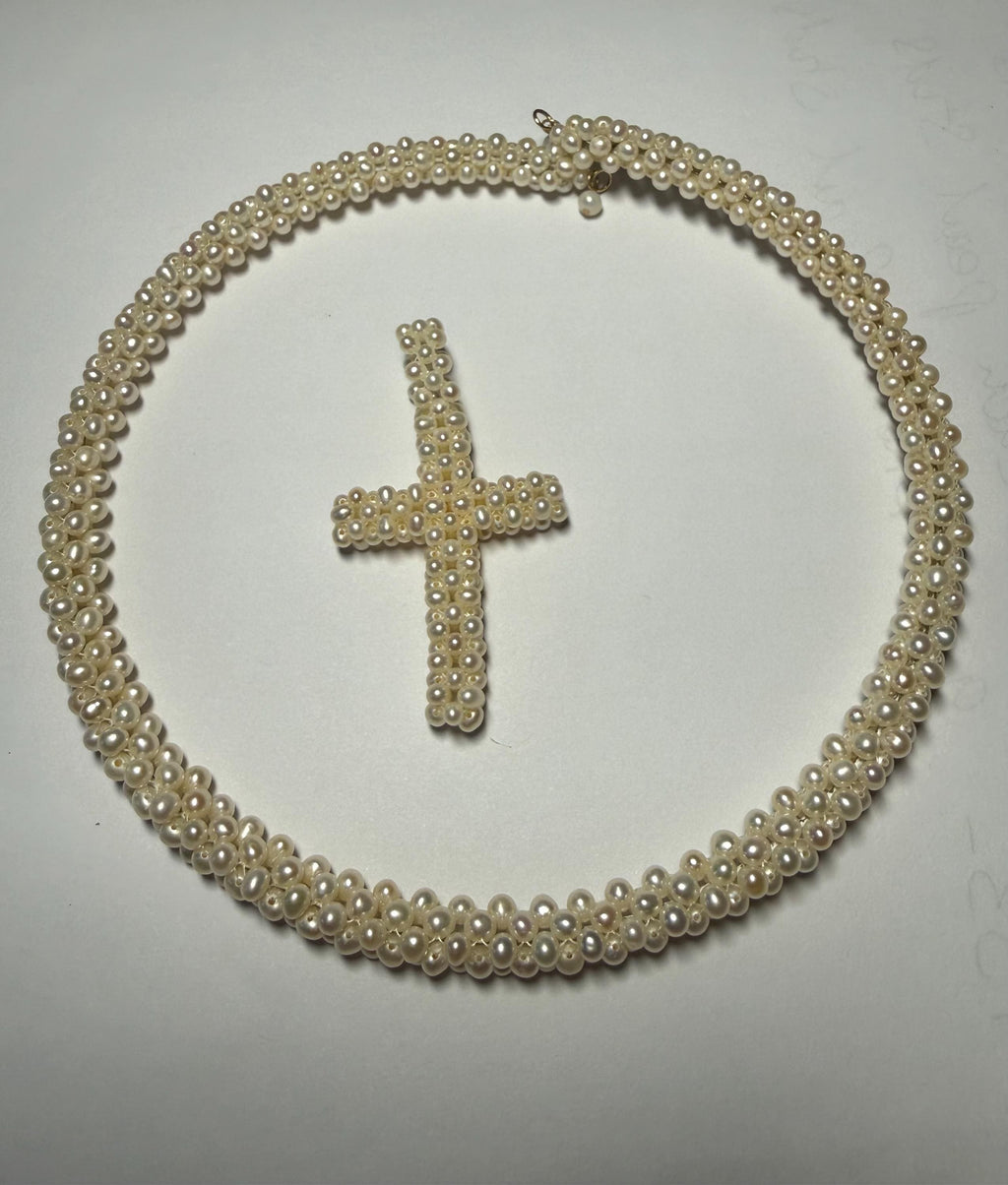 Freshwater Pearl Woven Choker with Detachable Cross - 14ct - N114